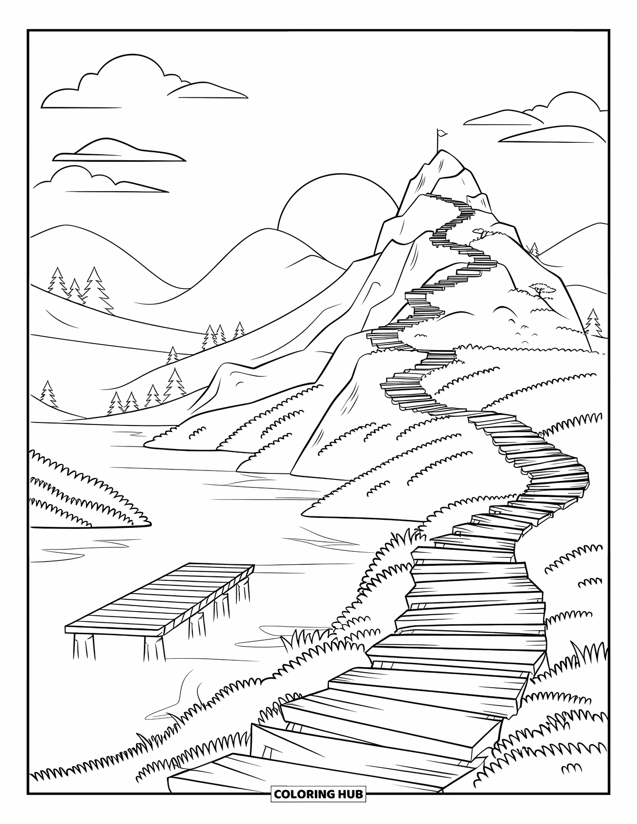 Sonnen Tag Ausmalbild für Kinder: Ein malerischer Wanderweg führt zu einem atemberaubenden Bergblick in der Morgendämmerung