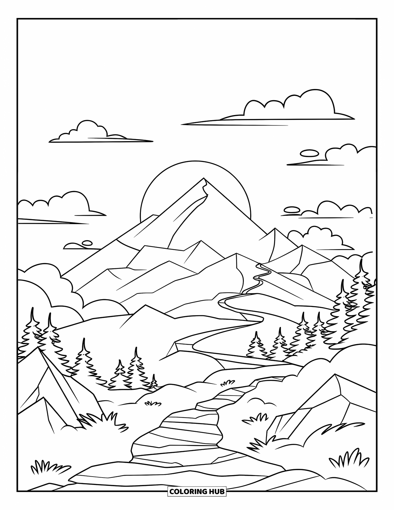 Sonnen Tag Ausmalbild für Kinder: Ein malerischer Bergpfad führt Wanderer zum Gipfel, während die Sonne aufgeht