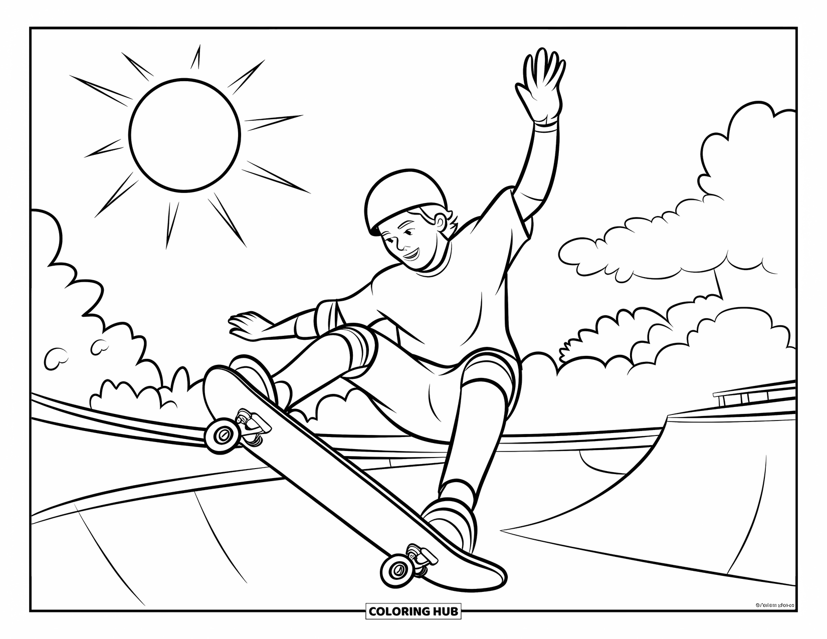 Sonnen Tag Ausmalbild für Kinder: Ein Skateboarder führt einen Trick in der Luft in einem Skatepark unter strahlender Sonne vor