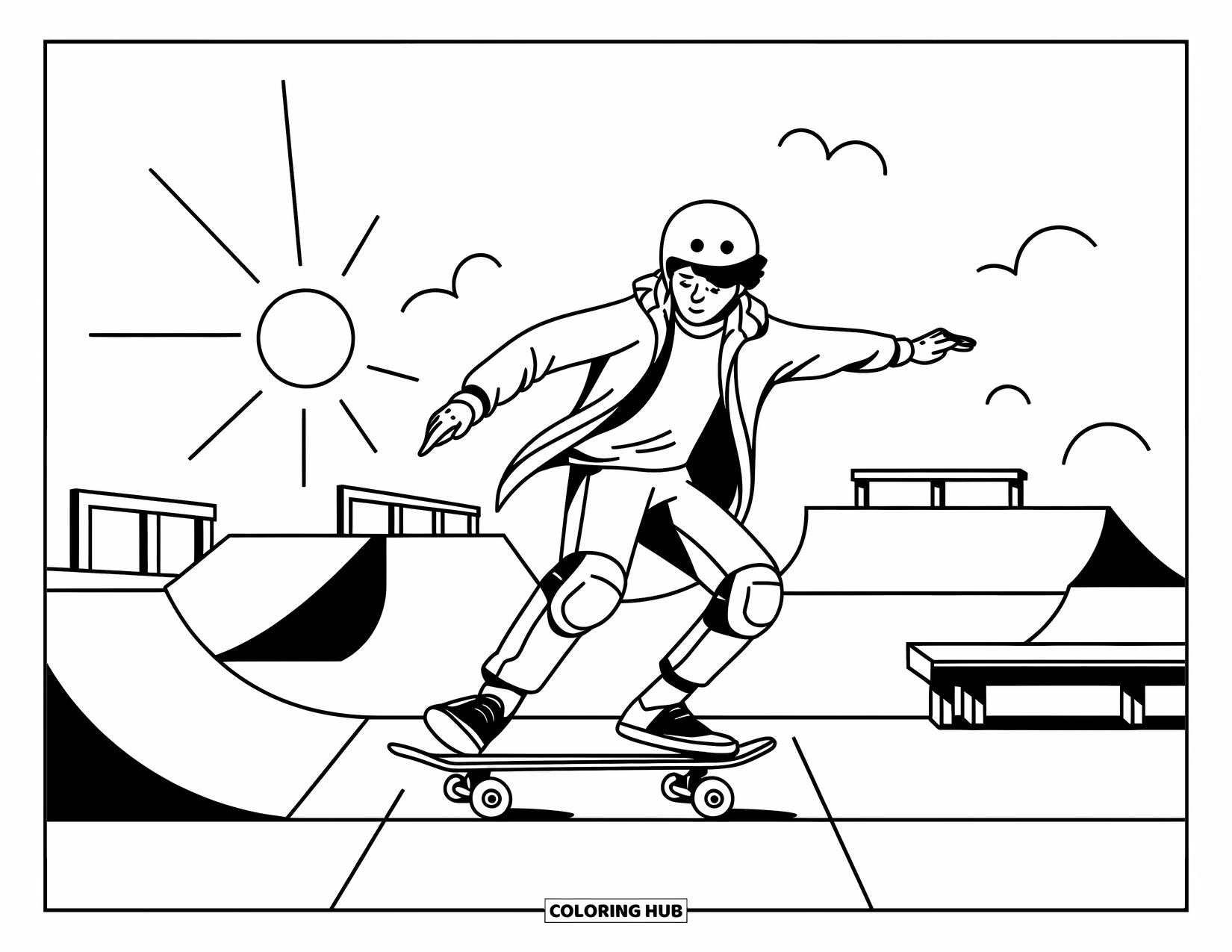 Sonnen Tag Ausmalbild für Kinder: Ein Skateboarder mit Helm und Jacke landet einen Trick in einem lebhaften Skatepark