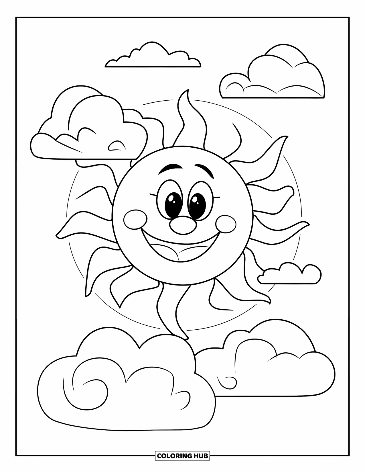 Sonnen Tag Ausmalbild für Kinder: Eine lächelnde Sonne scheint hell zwischen weichen, flauschigen Wolken