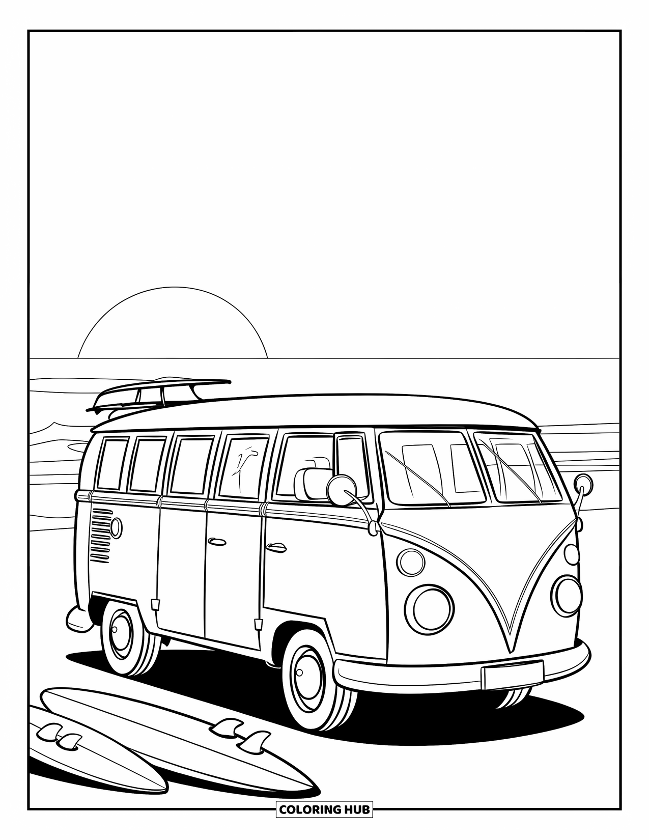 Sonnen Tag Ausmalbild für Kinder: Ein stilvoller Bohemian-Van steht am Ufer, bereit für ein Strandabenteuer