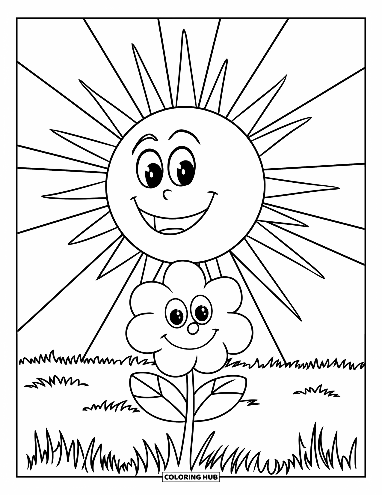 Sonnen Tag Ausmalbild für Kinder: Eine sonnige Blume hebt ihre Blütenblätter zur strahlenden Sonne am Himmel