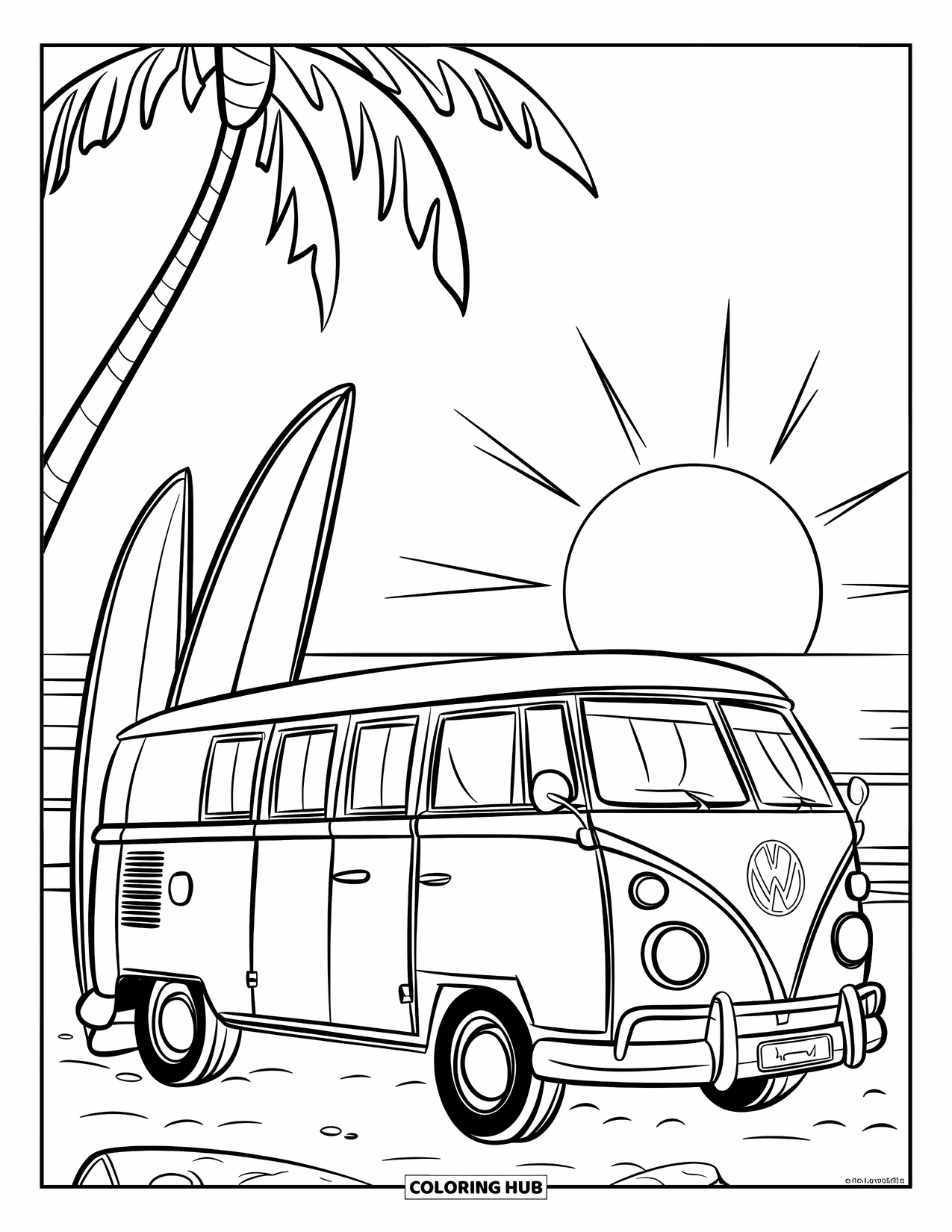 Sonnen Tag Ausmalbild für Kinder: Ein surfbereiter Campervan steht in der Nähe des Ozeans unter einer untergehenden Sonne