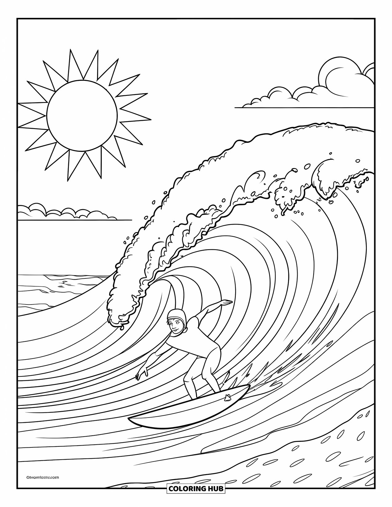 Sonnen Tag Ausmalbild für Kinder: Ein Surfer schneidet durch eine mächtige Welle, während die Sonne über ihm strahlt