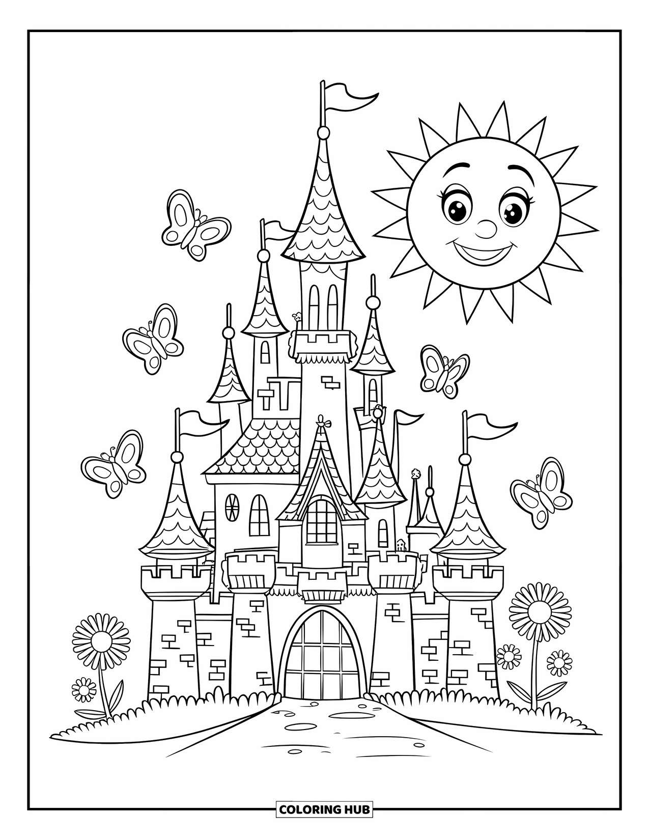 Sonnen Tag Ausmalbild für Kinder: Ein hoch aufragendes Schloss mit großen Türmen steht inmitten flatternder Schmetterlinge und Blumen