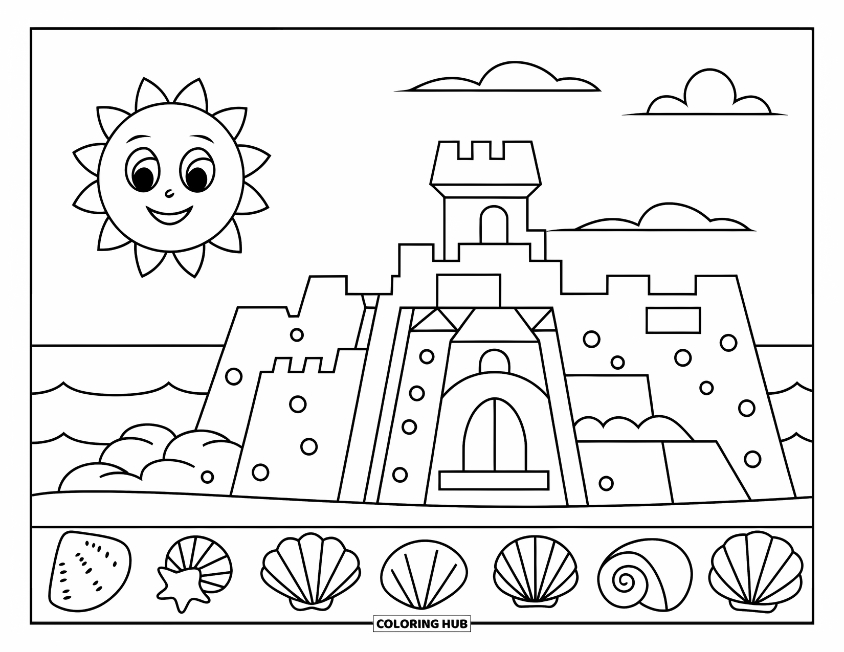 Sonnen Tag Ausmalbild für Kinder: Eine hoch aufragende Sandburg steht in der Nähe des Wassers, während eine winzige Krabbe vorbeihuscht