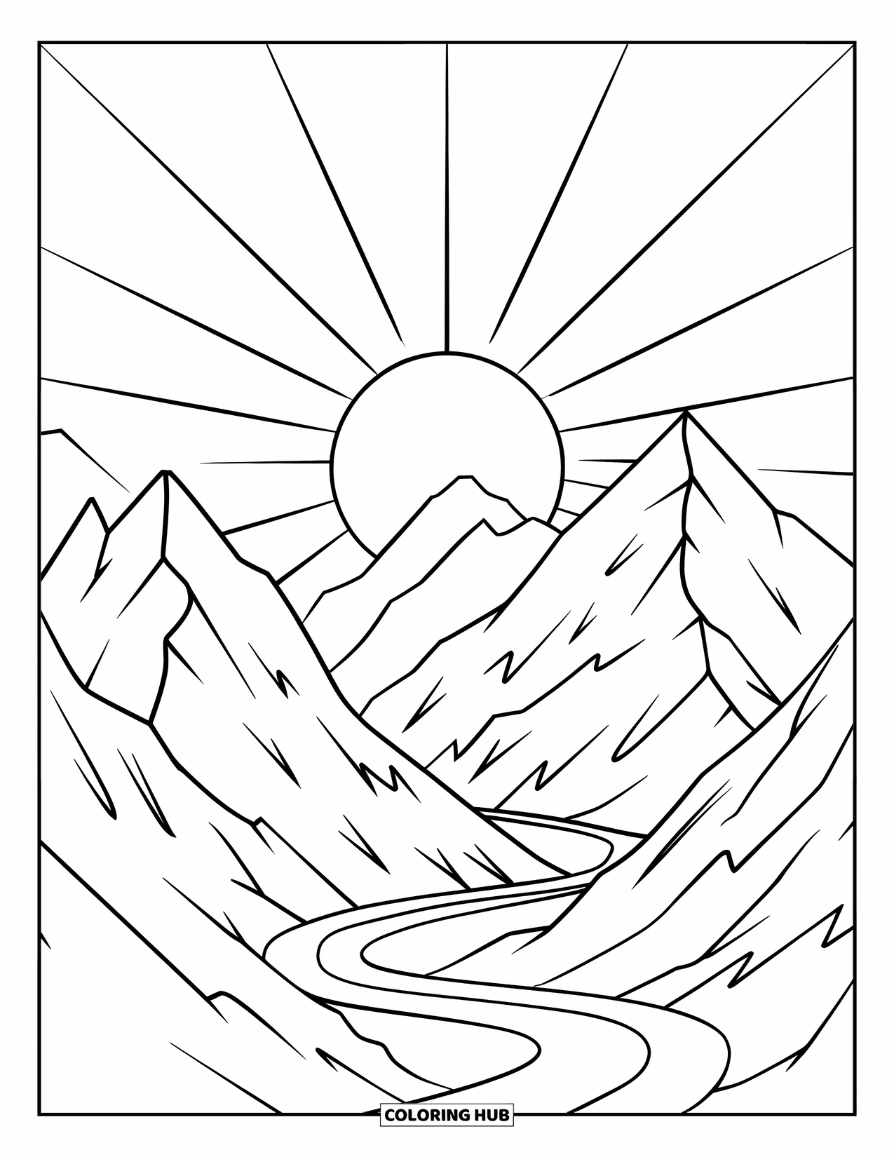 Sonnen Tag Ausmalbild für Kinder: Ein gewundener Pfad steigt zu einem Berggipfel auf, der in goldenes Sonnenlicht getaucht ist