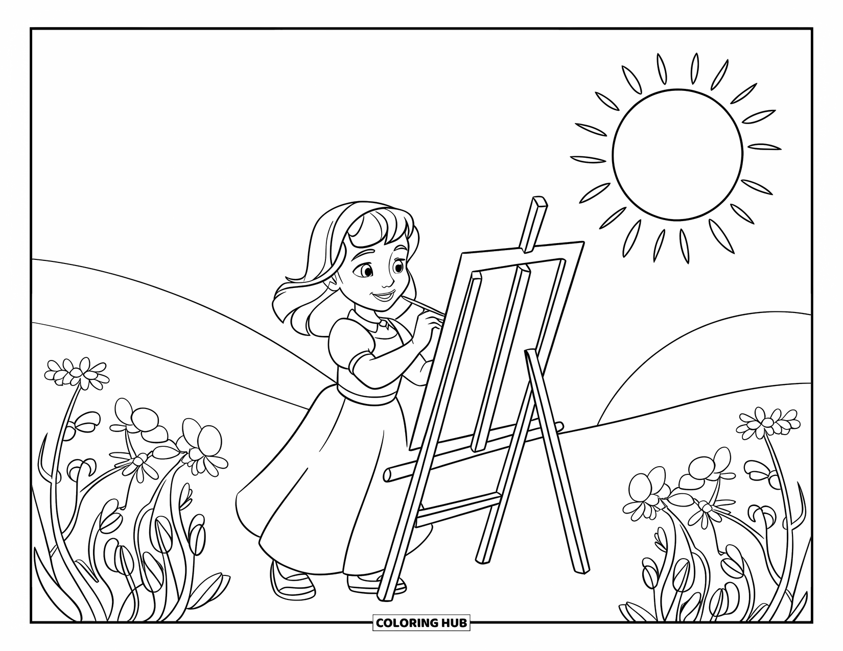 Sonnen Tag Ausmalbild für Kinder: Ein junges Mädchen malt ein Meisterwerk auf einer Staffelei, umgeben von Wildblumen in der Sonne