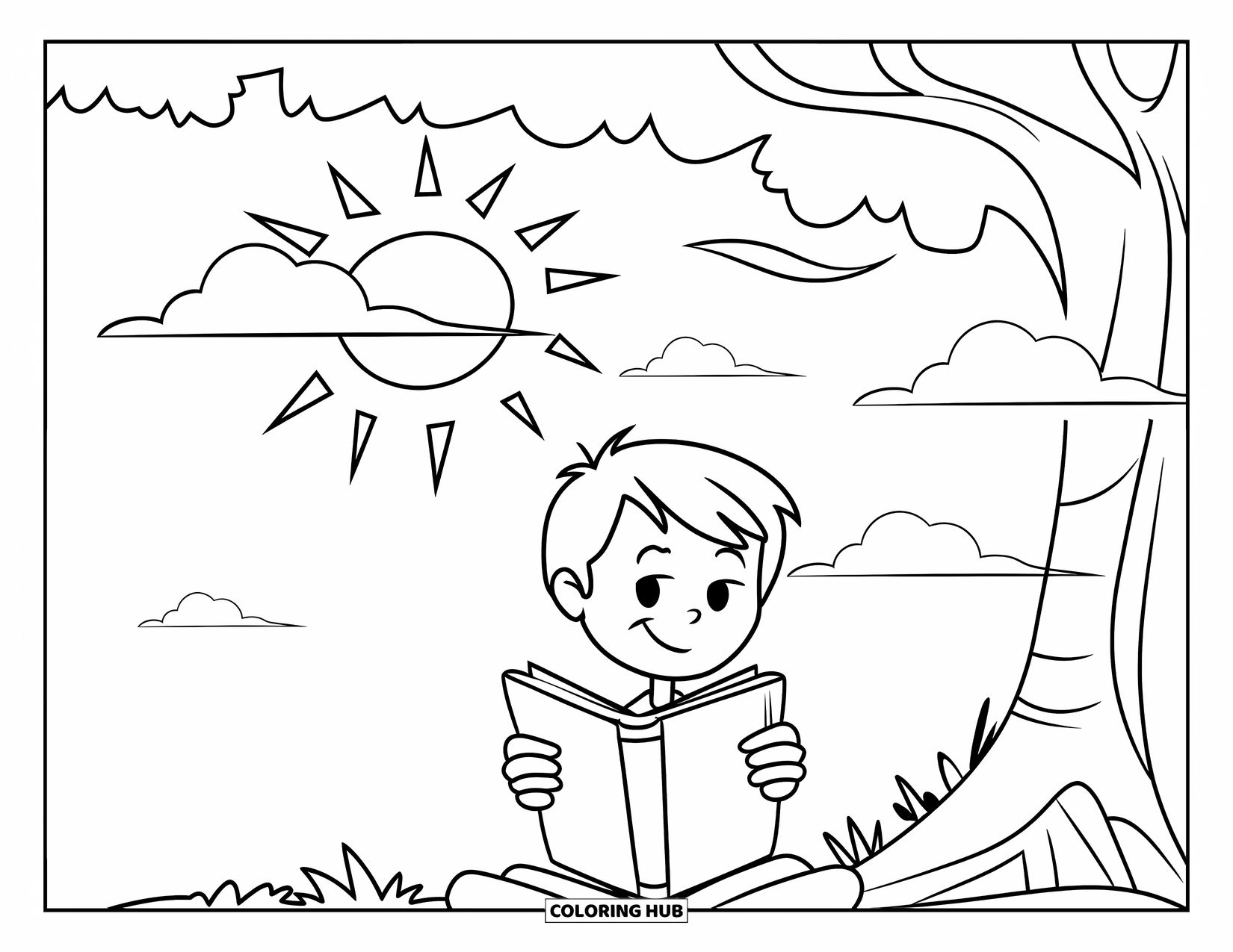 Sonnen Tag Ausmalbild für Kinder: Ein junger Leser entspannt sich mit einem offenen Buch unter einem schattigen Baum