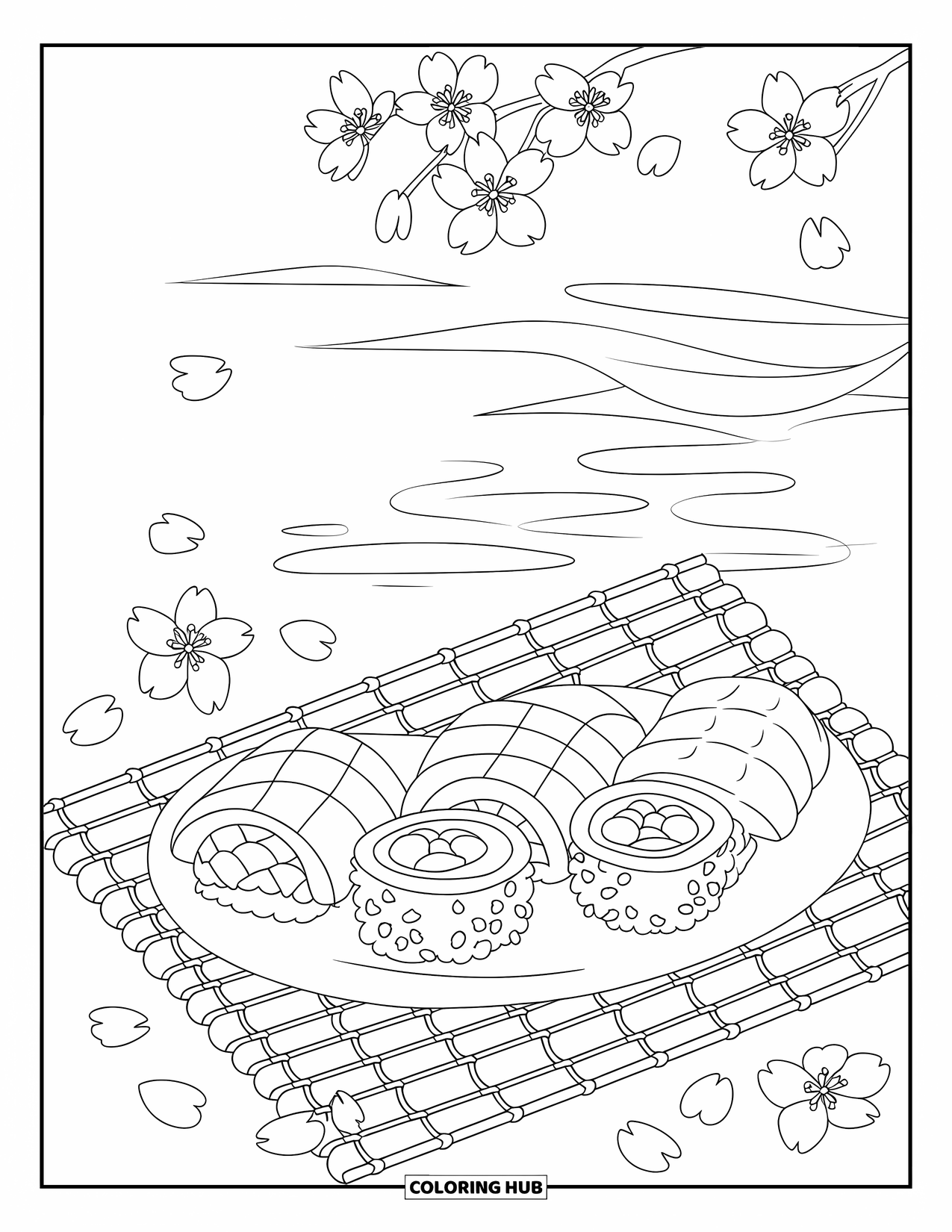 Sushi Kleurplaat voor Volwassenen: Een bamboemat met een prachtig gerangschikte sushischotel, omringd door kersenbloesems