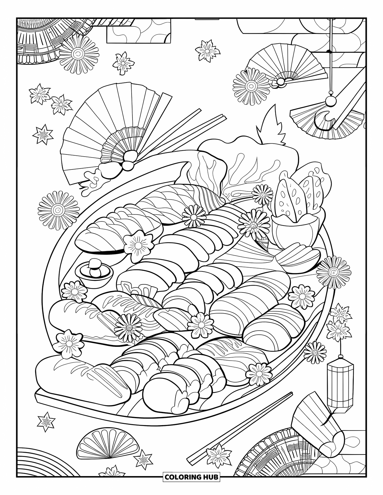 Sushi Kleurplaat voor Volwassenen: Een prachtig gerangschikte sushischotel met bloemdecoraties en traditionele elementen