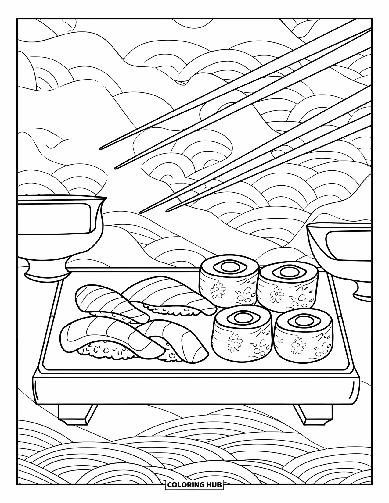 Sushi Kleurplaat voor Volwassenen: Een prachtig vervaardigde sushischotel met eetstokjes, sojasaus en een golfpatroonachtergrond
