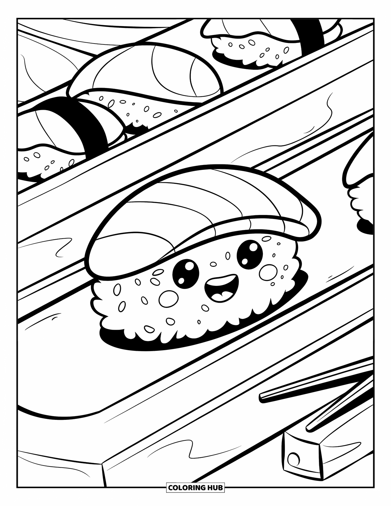 Sushi Kleurplaat voor Volwassenen: Een vrolijke nigiri sushi die op een lopende band rijdt, enthousiast voor zijn sushireis