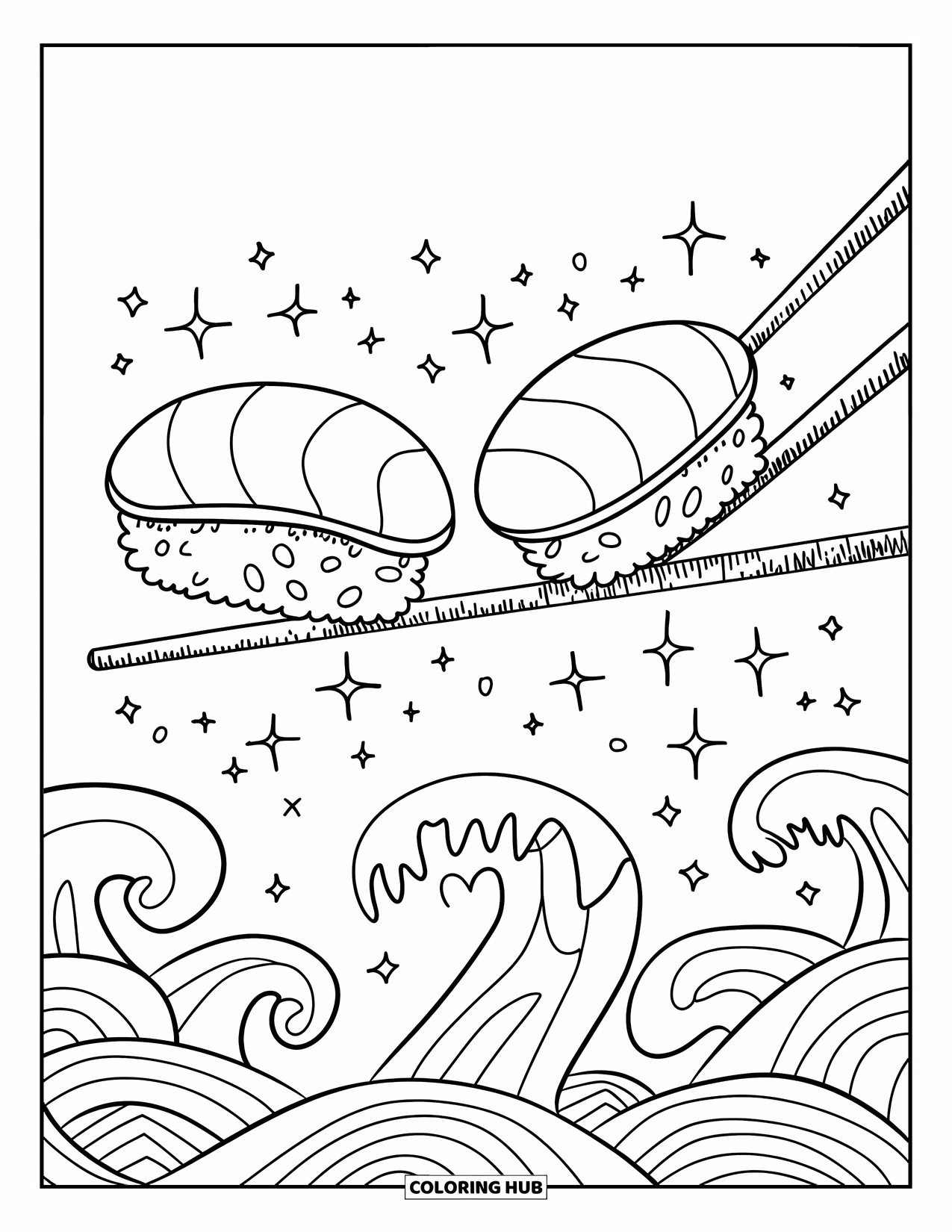 Sushi Kleurplaat voor Volwassenen: Een schattig sushiduo dat elkaars handen vasthoudt terwijl ze vrolijk naar beneden glijden op een regenboogvormig eetstokje