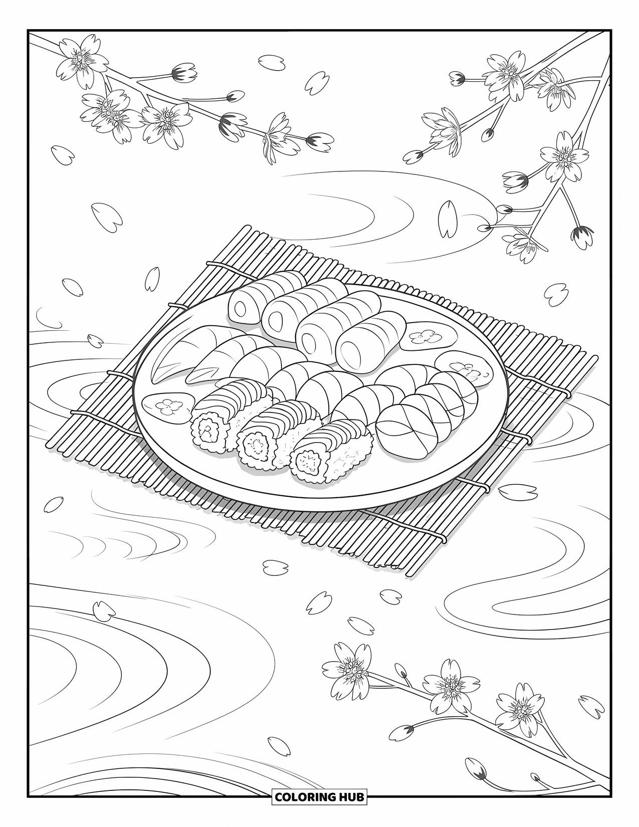 Sushi Kleurplaat voor Volwassenen: Een delicate sushiset op een bamboemat, met kersenbloemblaadjes die op rimpelend water drijven