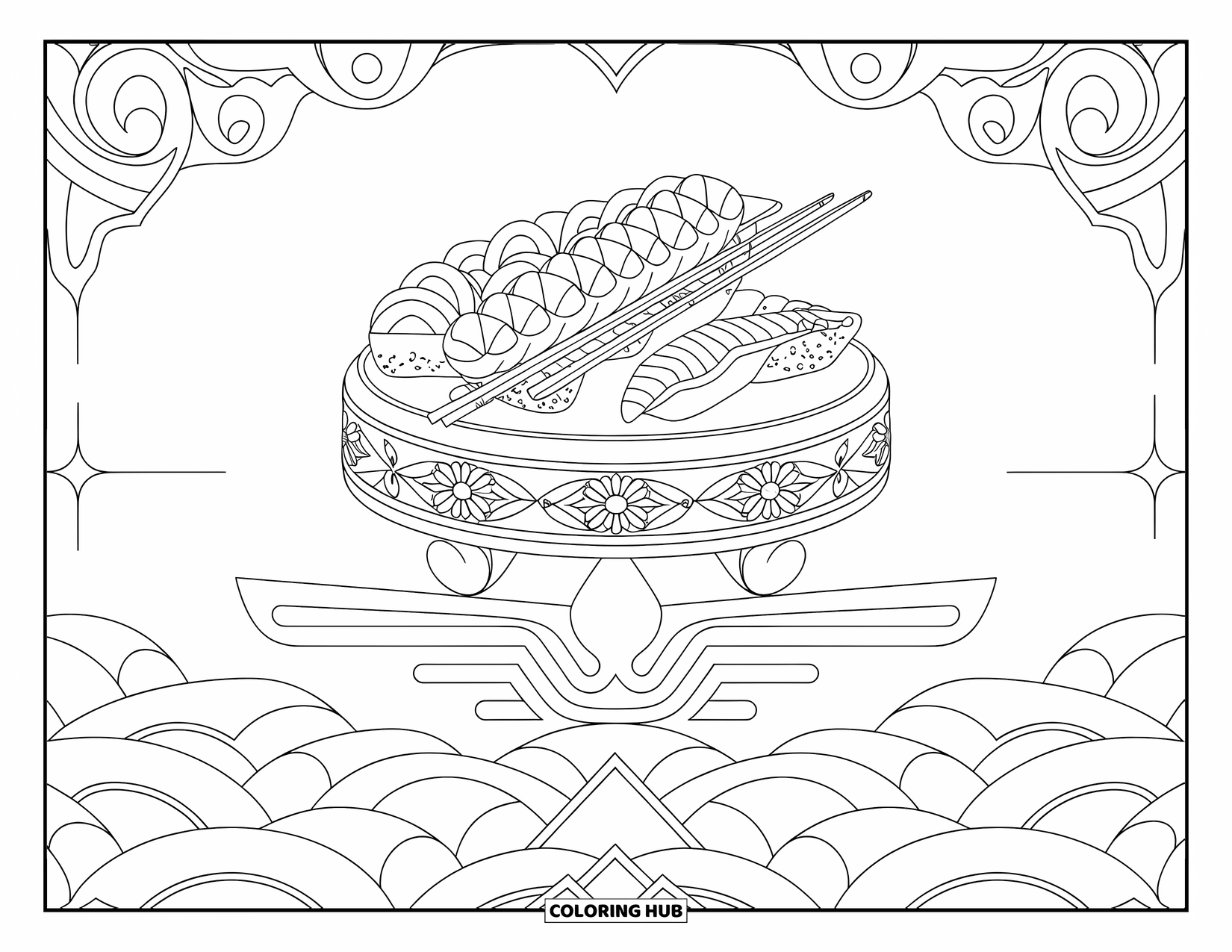 Sushi Kleurplaat voor Volwassenen: Een fijn gedetailleerde sushischotel met elegante gravures, ontworpen voor ontspanning