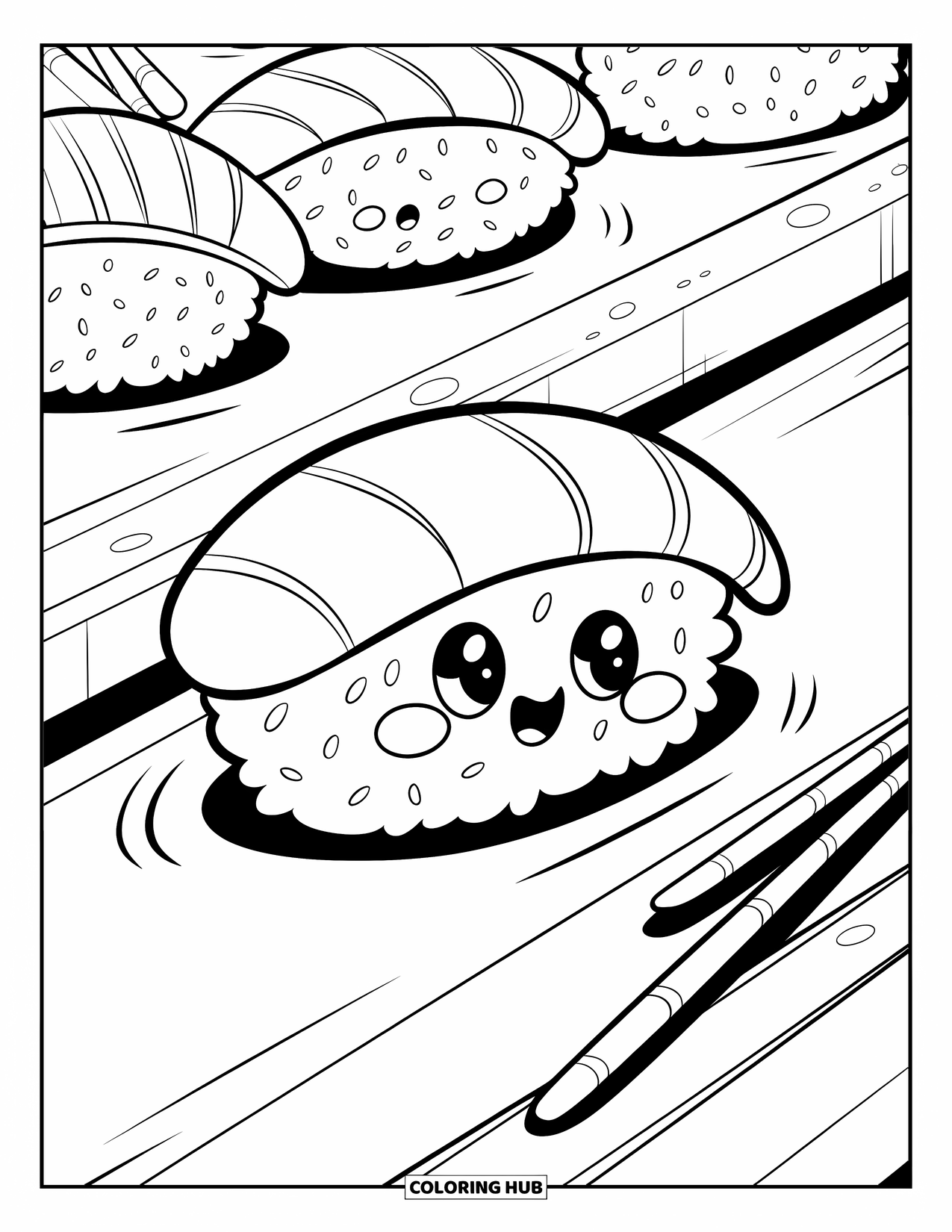 Sushi Kleurplaat voor Volwassenen: Een vrolijke sushi die wacht op zijn beurt op de lopende band, omringd door andere sushistukjes