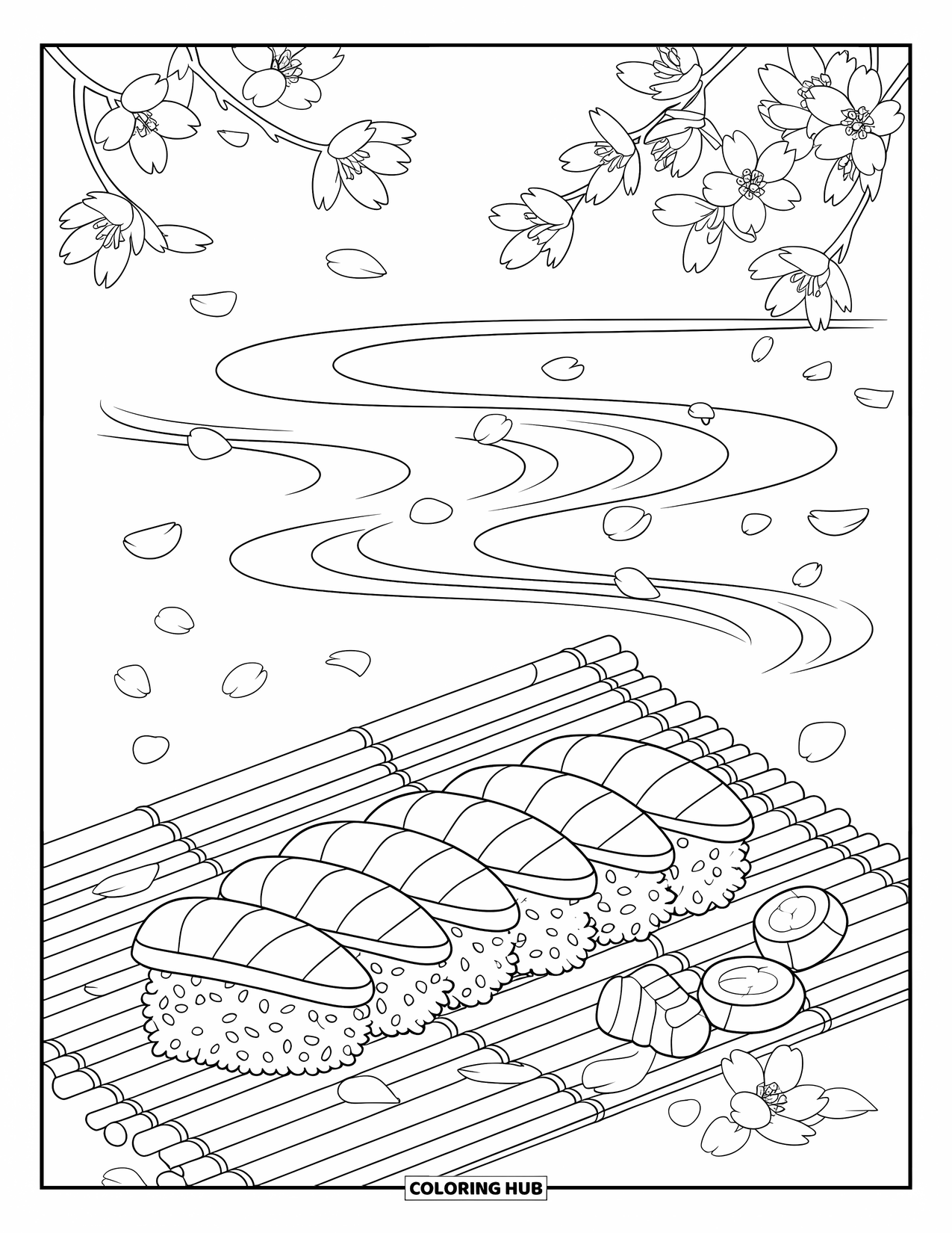 Sushi Kleurplaat voor Volwassenen: Een ontspannende sushiscène met elegante kersenbloesems en een rustige waterreflectie