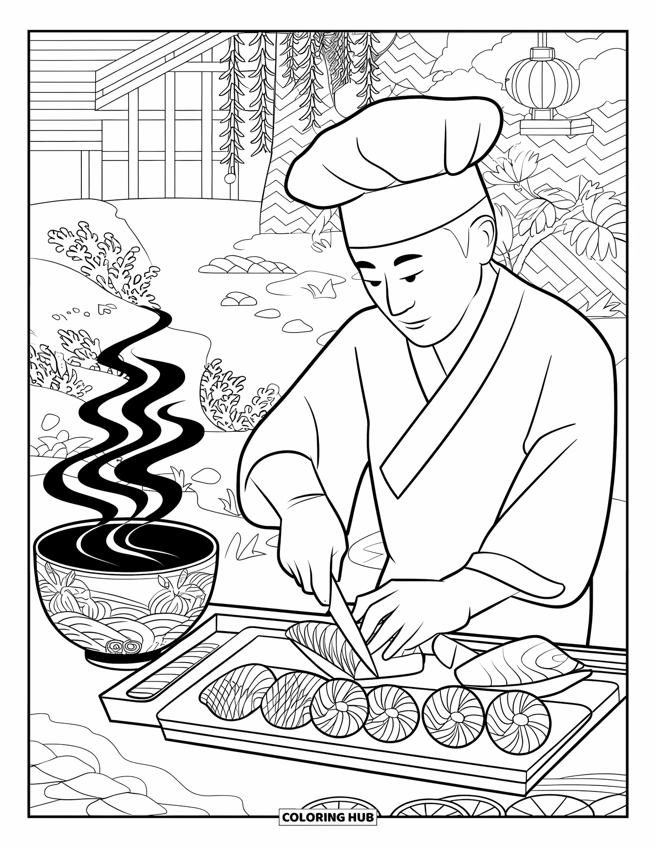Sushi Kleurplaat voor Volwassenen: Een bekwame sushichef die verse vis snijdt, met misosoepstoom die in de achtergrond wervelt