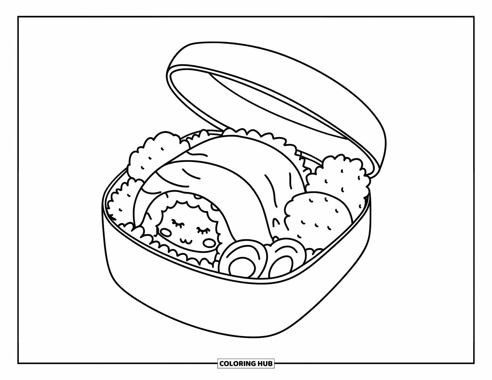 Sushi Kleurplaat voor Volwassenen: Een slapende sushirol opgerold in een gezellige bentobox, met zeewier als deken