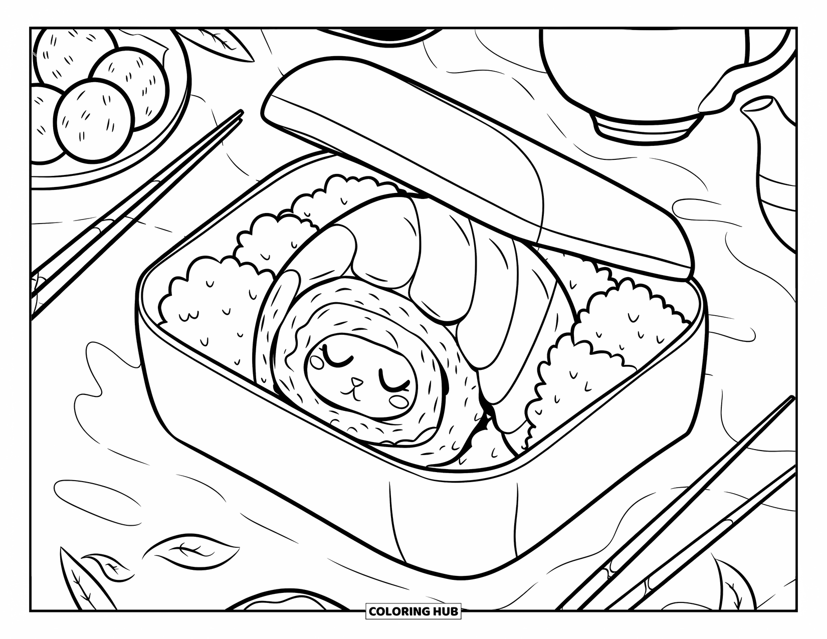 Sushi Kleurplaat voor Volwassenen: Een slaperige sushirol weggestopt onder zeewier in een warme bentobox, met een theepot en eetstokjes in de buurt