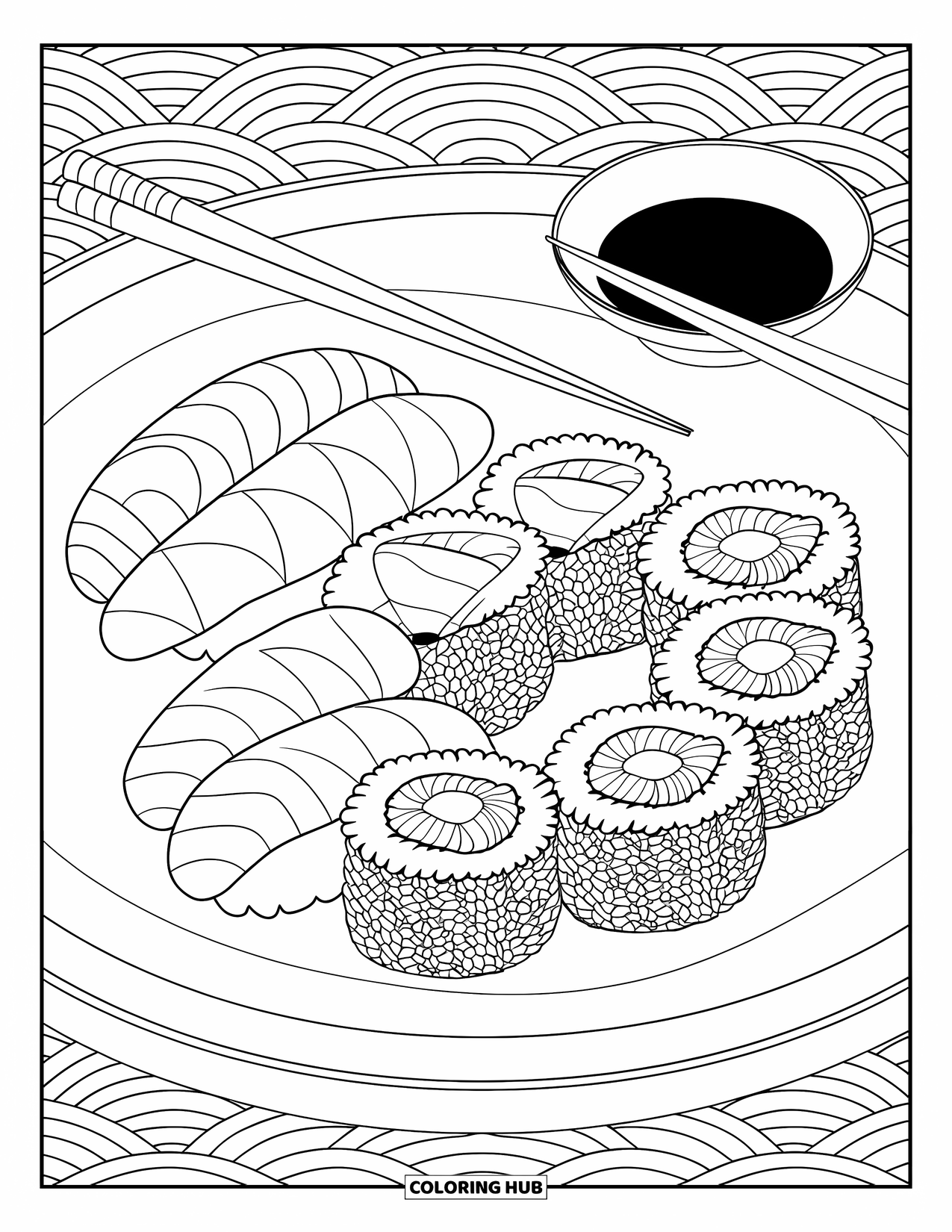 Sushi Kleurplaat voor Volwassenen: Een sushi-assortiment met fijn gedetailleerde texturen, geserveerd met sojasaus en elegante eetstokjes