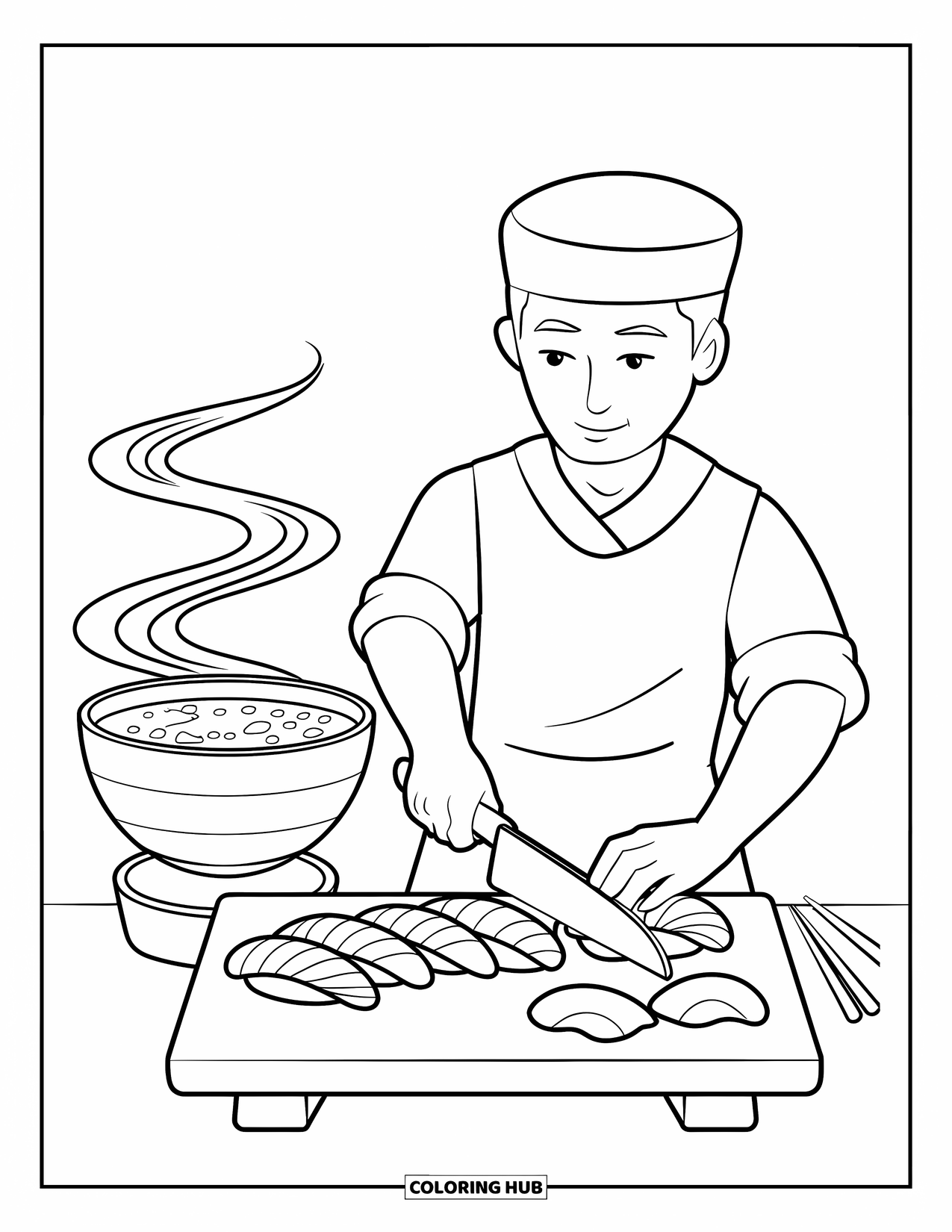 Sushi Kleurplaat voor Volwassenen: Een sushichef in actie, die zorgvuldig sushi rangschikt terwijl er stoom opstijgt uit een misosoepkom