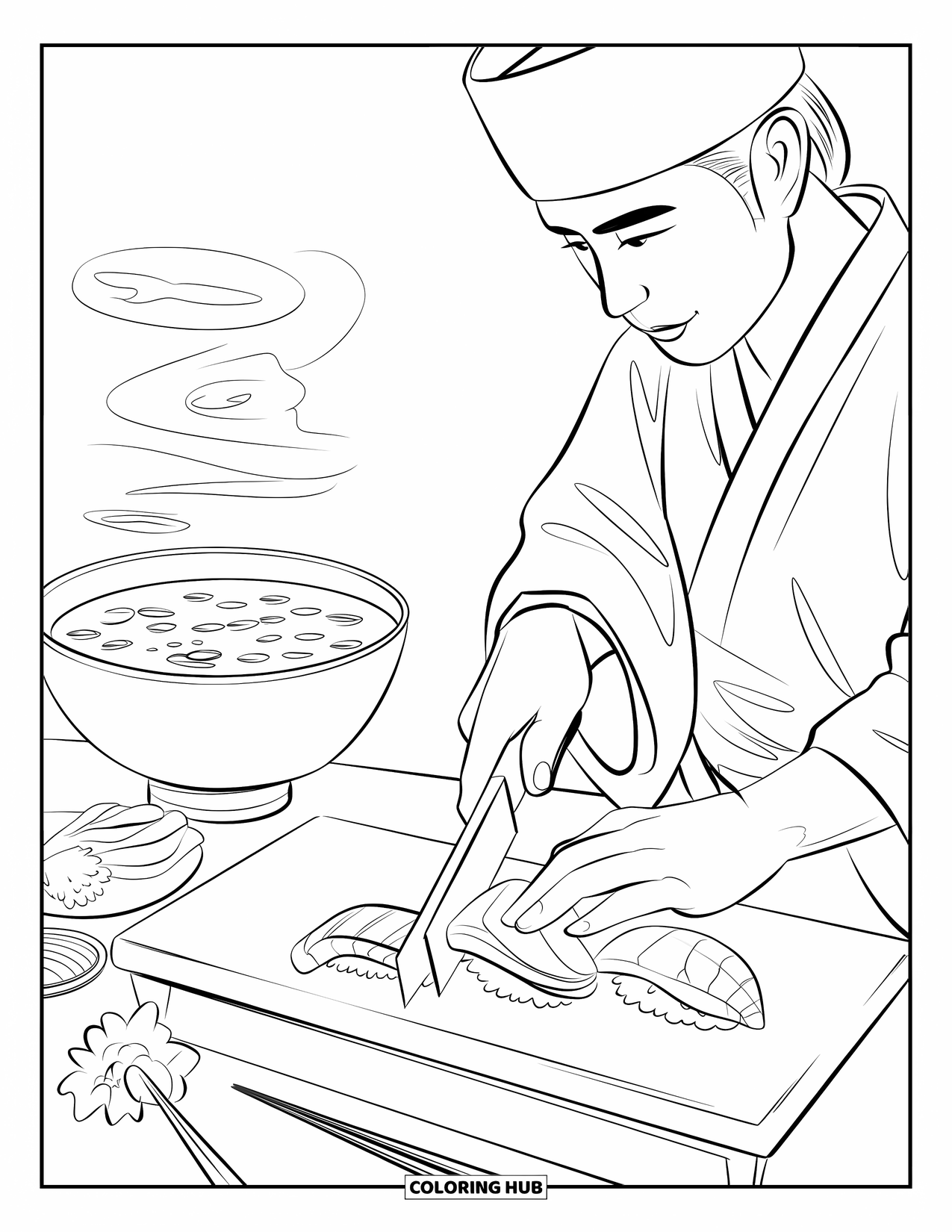 Sushi Kleurplaat voor Volwassenen: Een sushichef die verse sushi bereidt op een houten plank, met een serene achtergrond