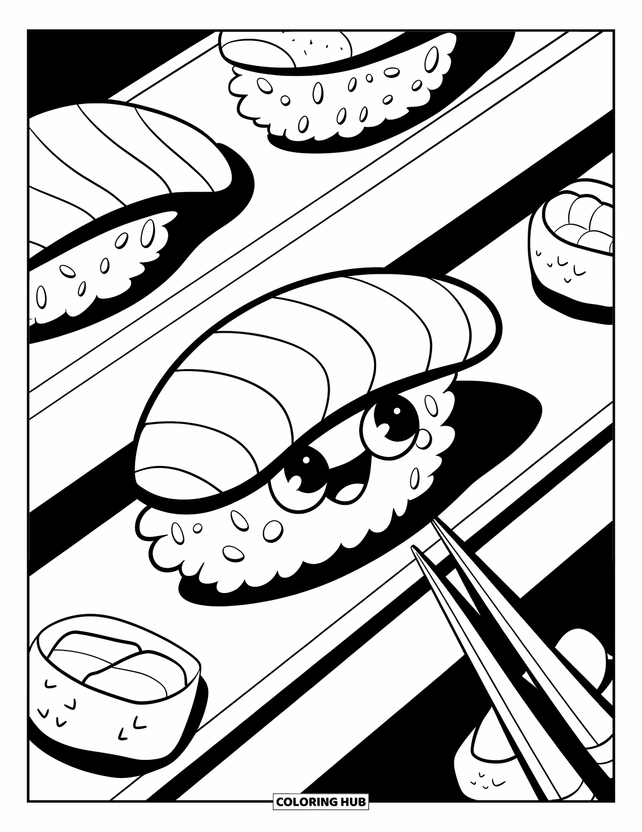 Sushi Kleurplaat voor Volwassenen: Een sushi-lopende bandavontuur met vrolijke nigiri sushi en kleine eetstokjes die in de buurt rusten
