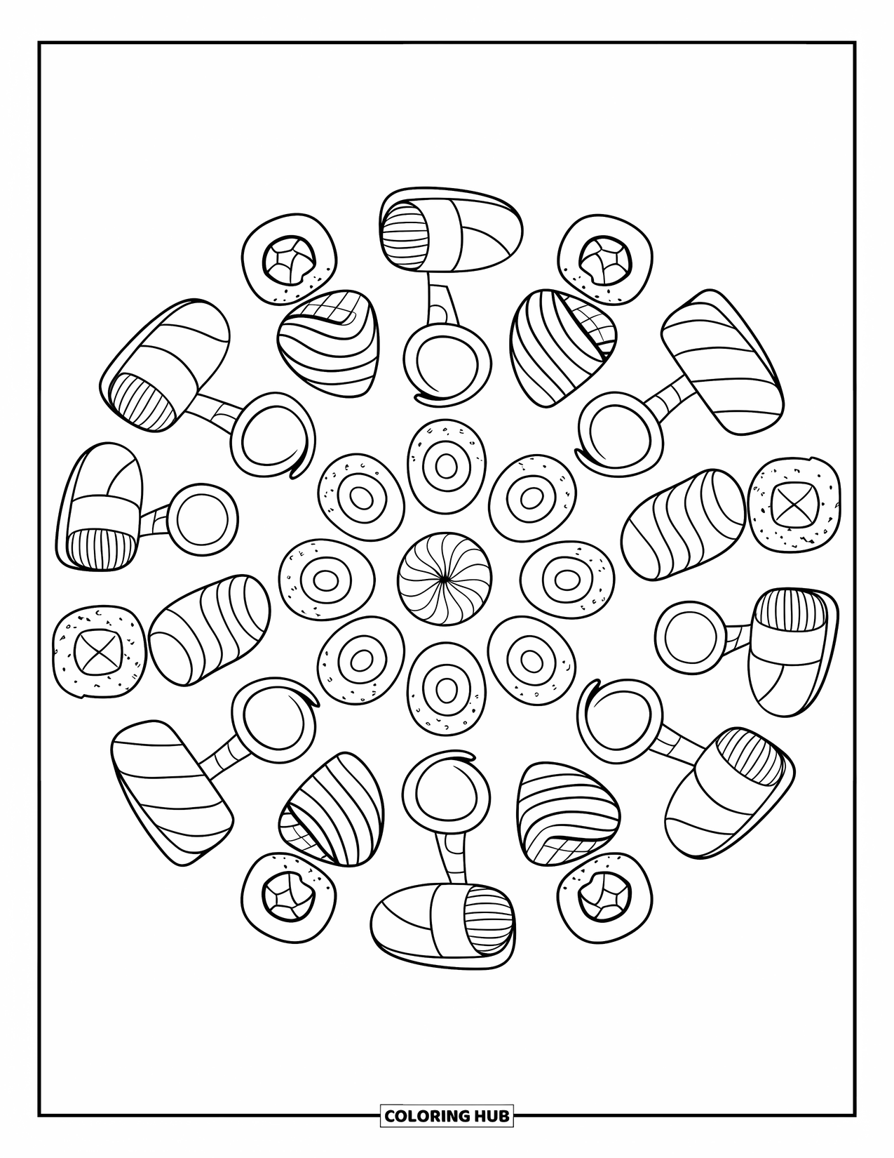 Sushi Kleurplaat voor Volwassenen: Een sushi-mandala met verschillende nigiri, rollen en sashimi gerangschikt in een cirkelvormig patroon