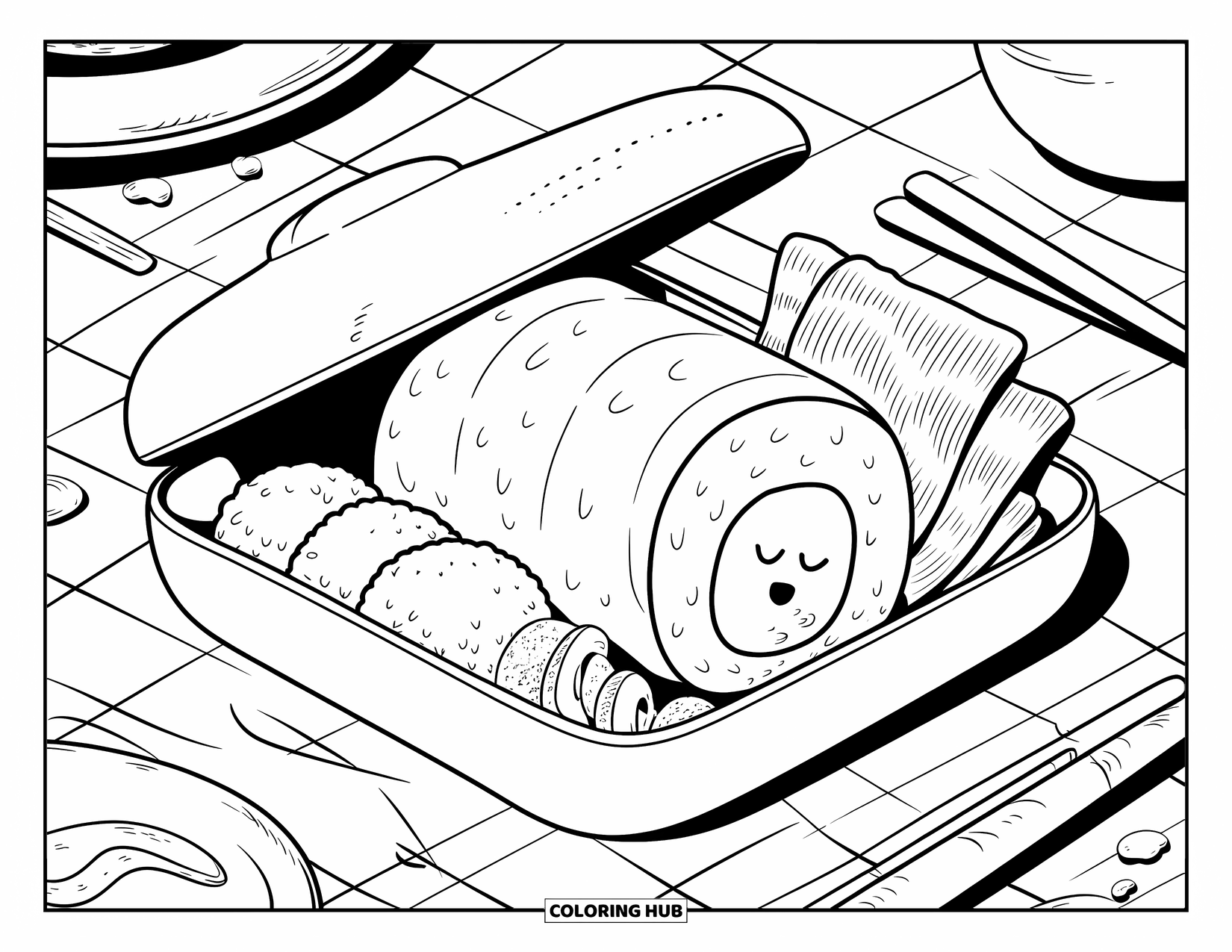 Sushi Kleurplaat voor Volwassenen: Een sushirol die een dutje doet in een gezellige bentobox, genesteld tussen andere schattige etenswaren