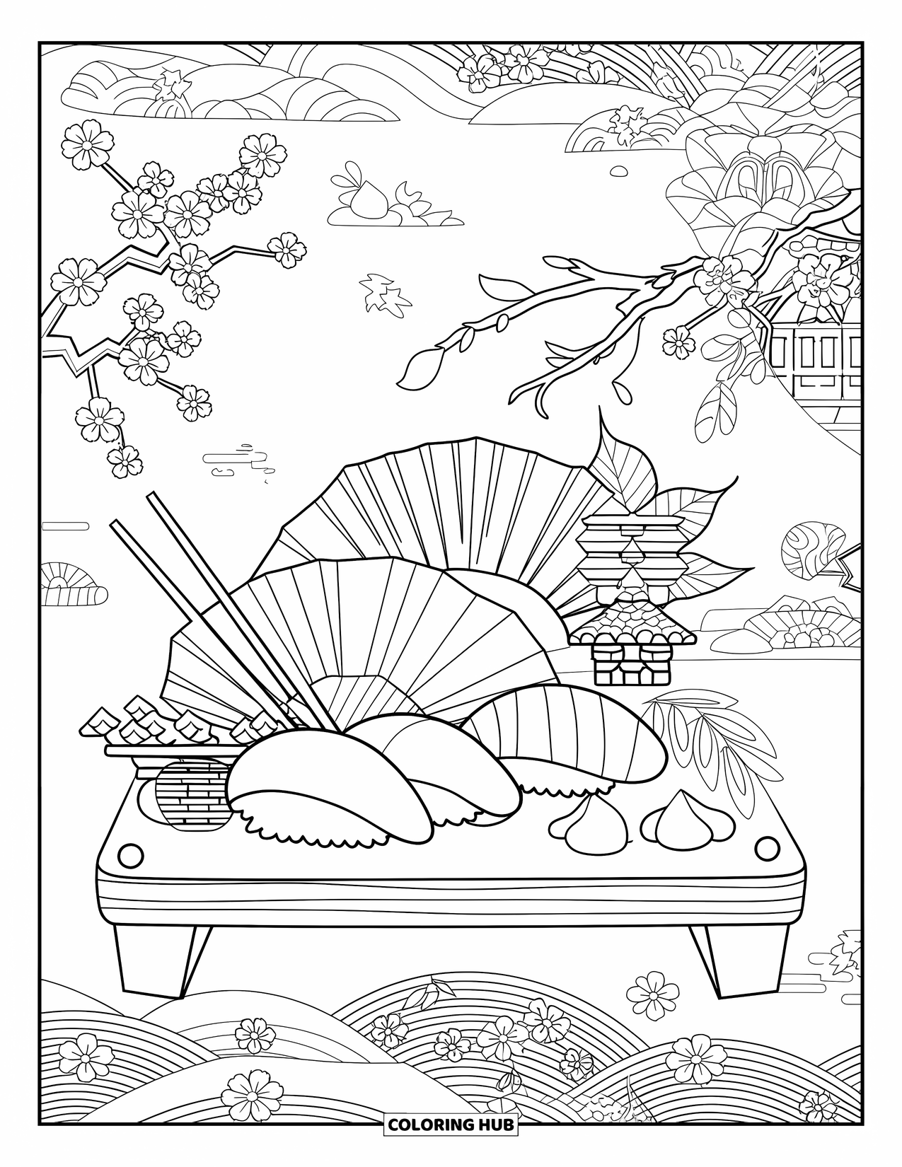 Sushi Kleurplaat voor Volwassenen: Een sushiset met ingewikkelde garneringen, kersenbloesems en een serene Japanse achtergrond
