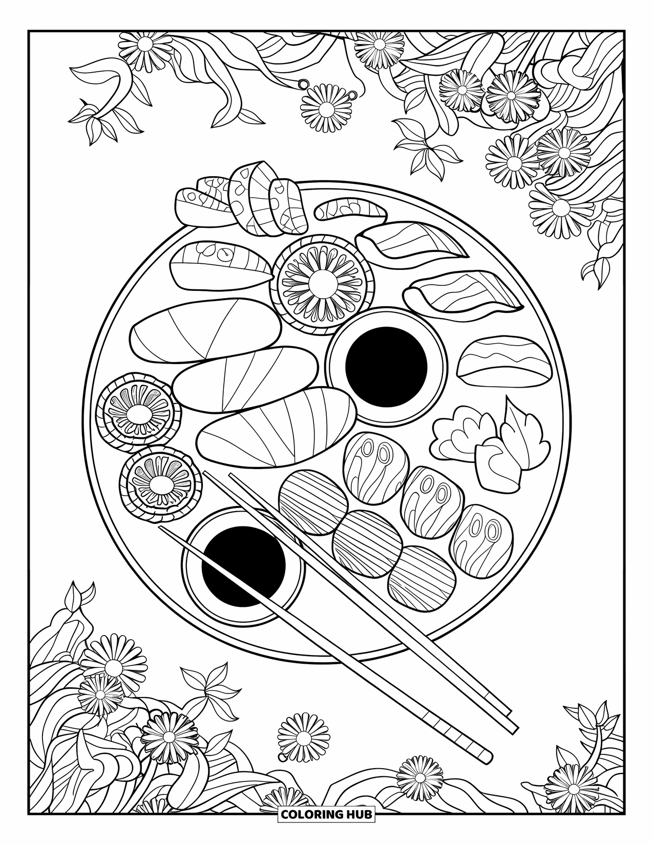 Sushi Kleurplaat voor Volwassenen: Een sushispreiding met nauwkeurig gerangschikte rollen, ingewikkelde voedseltexturen en decoratieve details