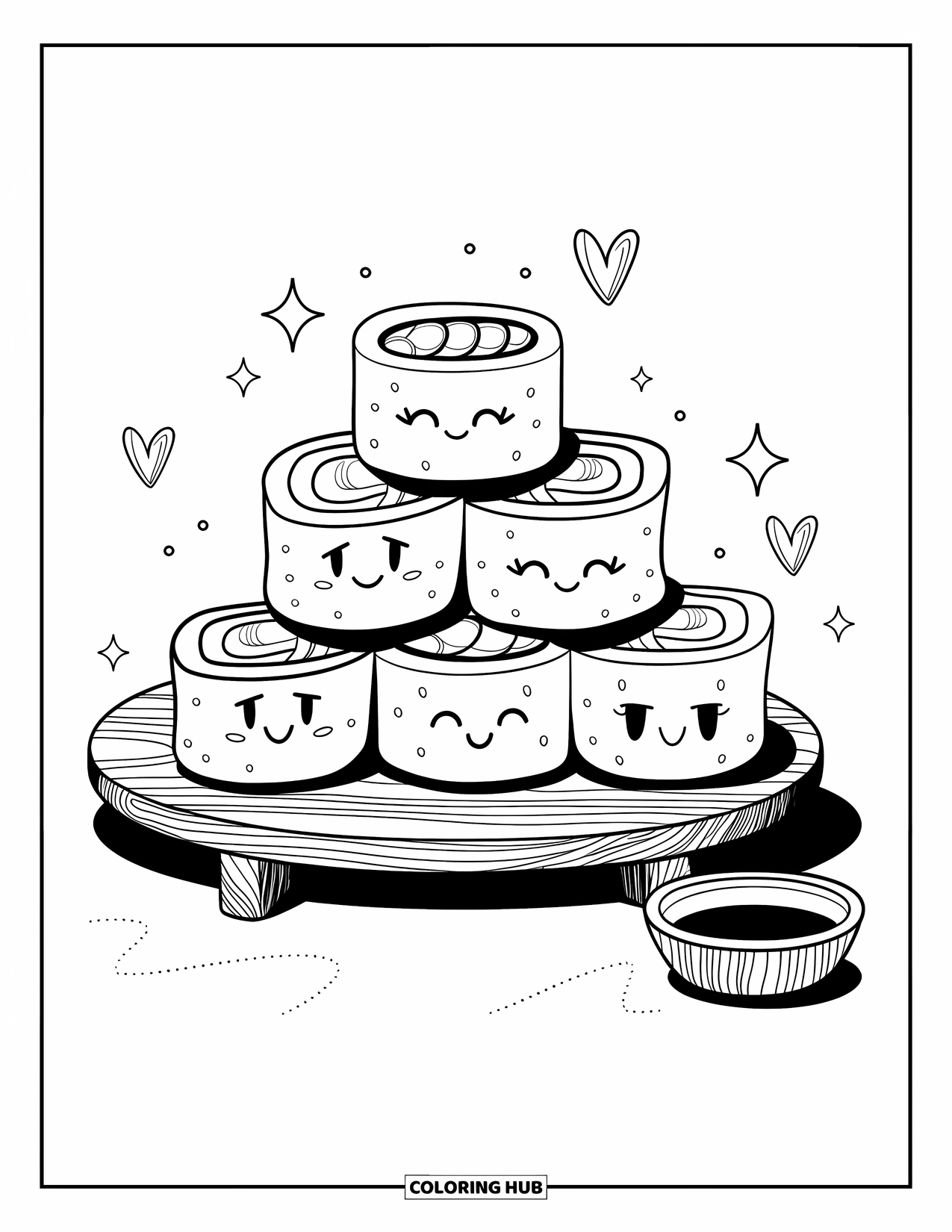 Sushi Kleurplaat voor Volwassenen: Een sushitoren die delicaat balanceert, met een sojasausschotel en een charmante achtergrond