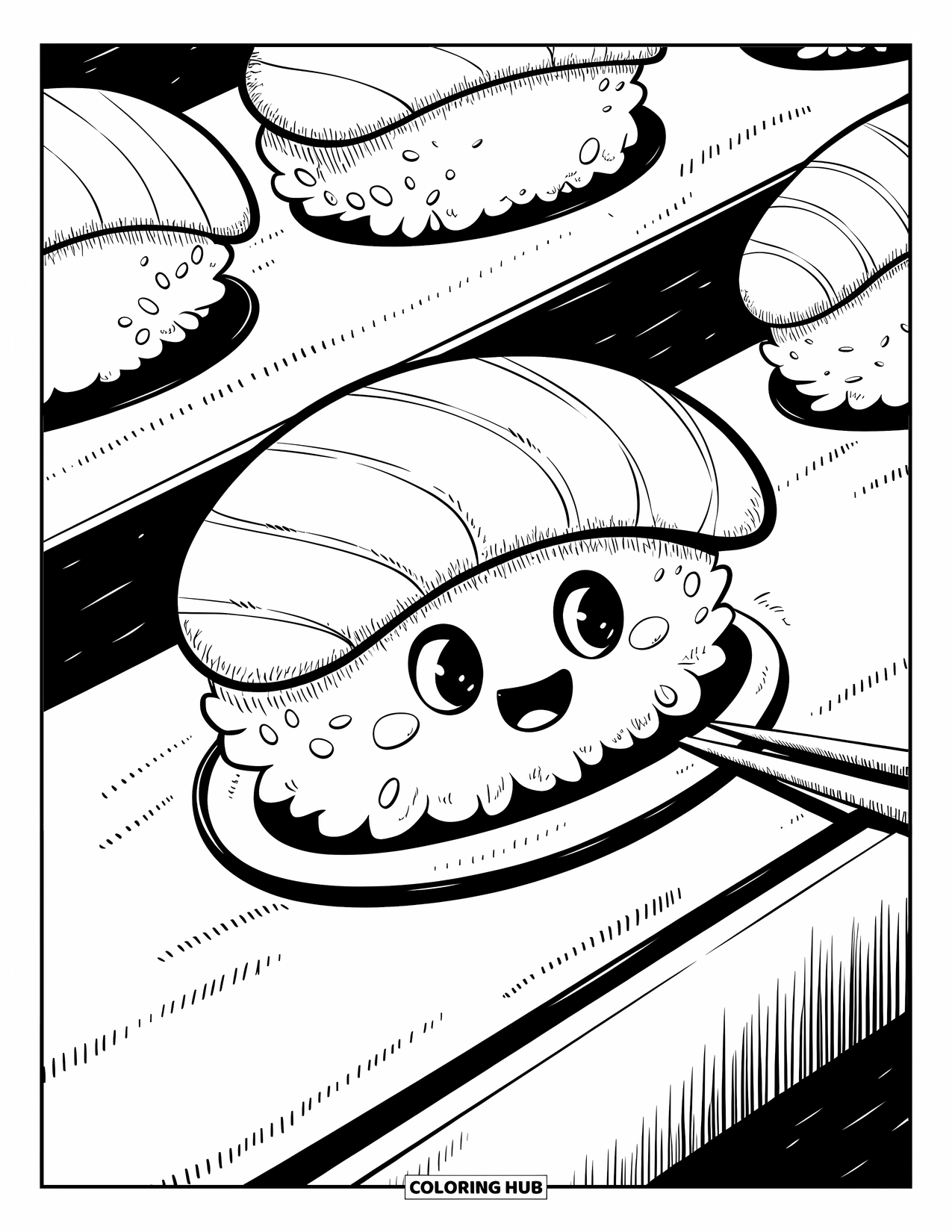 Sushi Kleurplaat voor Volwassenen: Een sushi-treinrit met een lachende nigiri sushi, op een speelse en opwindende reis