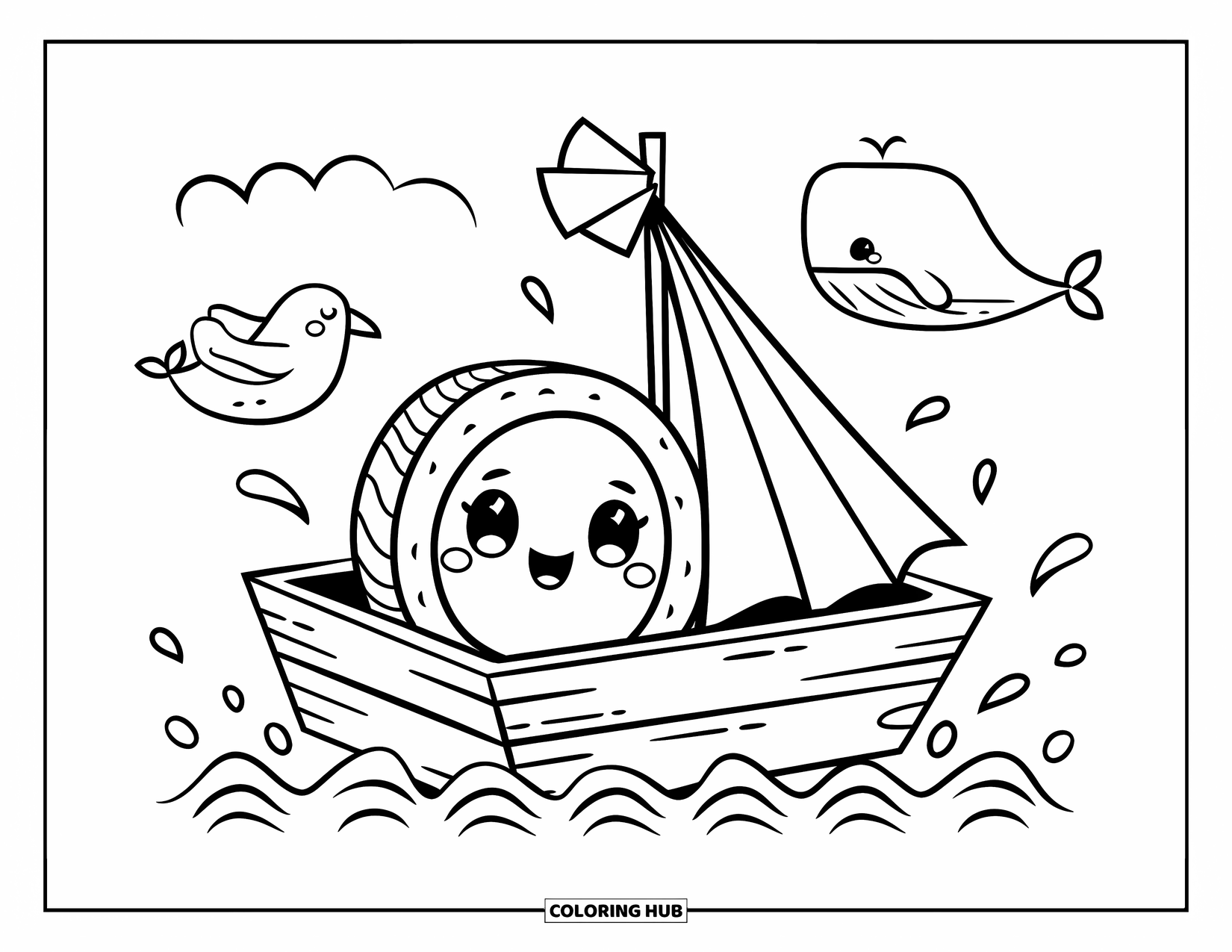 Sushi Kleurplaat voor Volwassenen: Een sushi-dienbladboot die een sushirol over een grillige oceaan vervoert, met een kawaii walvis en zeemeeuw