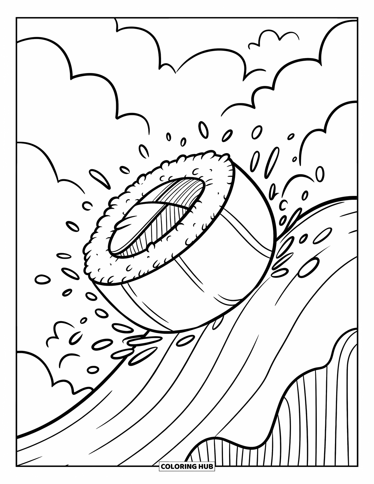 Sushi Kleurplaat voor Volwassenen: Een tuimelende sushirol die vrolijk een heuvel afrolt en een spoor van rijst en zeewier achterlaat