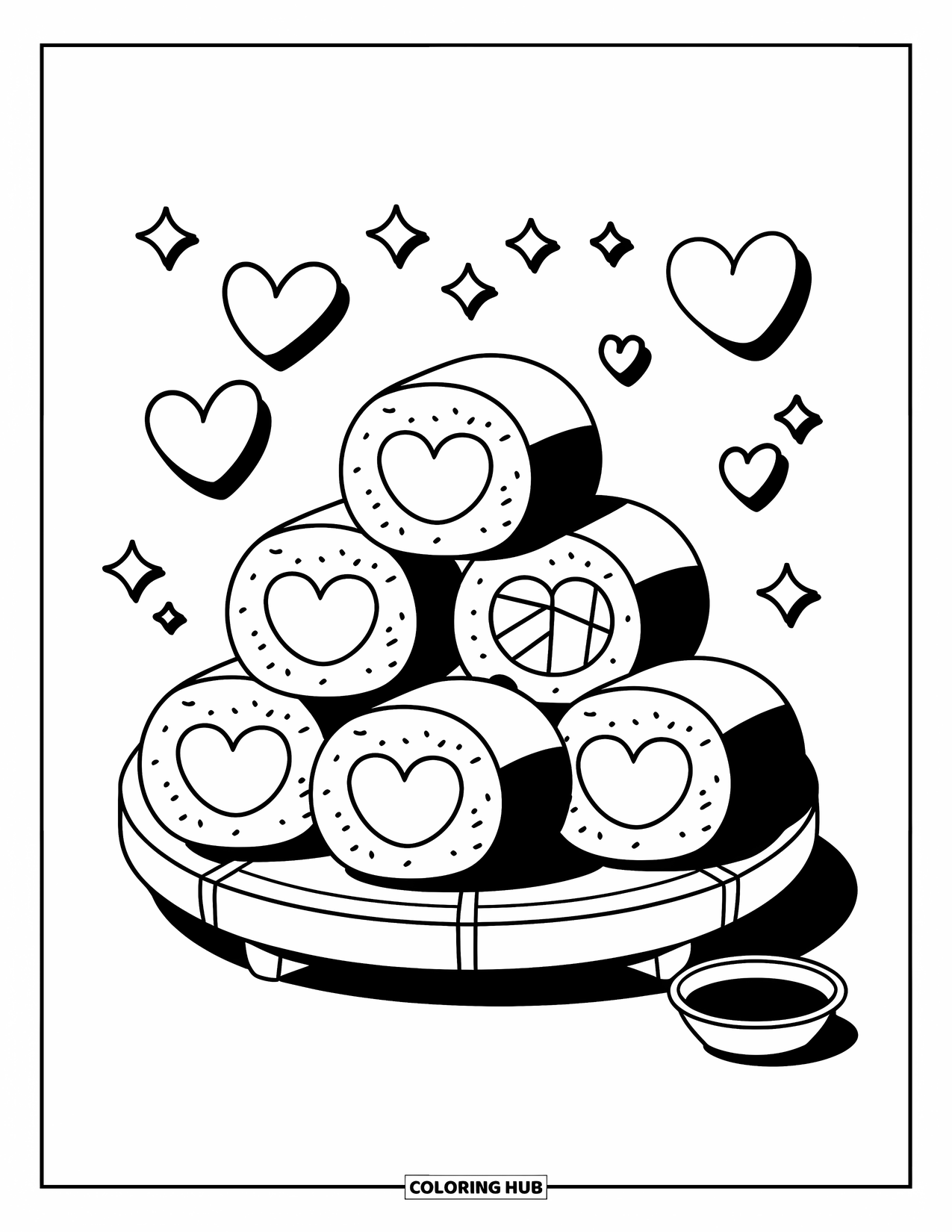 Sushi Kleurplaat voor Volwassenen: Een grillige sushistapel gerangschikt als een piramide, omringd door zwevende hartjes en fonkelingen