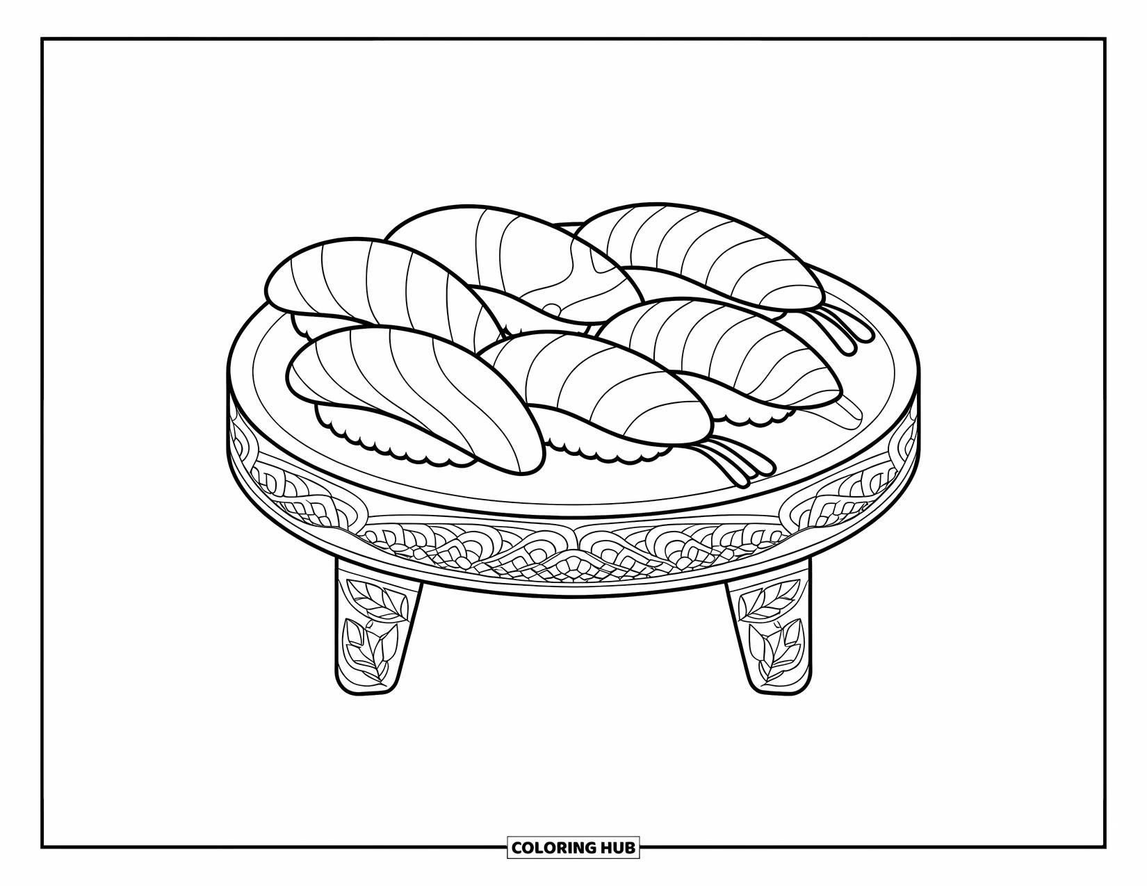 Sushi Kleurplaat voor Volwassenen: Een artistieke sushischotel gerangschikt op een gegraveerd dienblad, met een kalmerend ontwerp