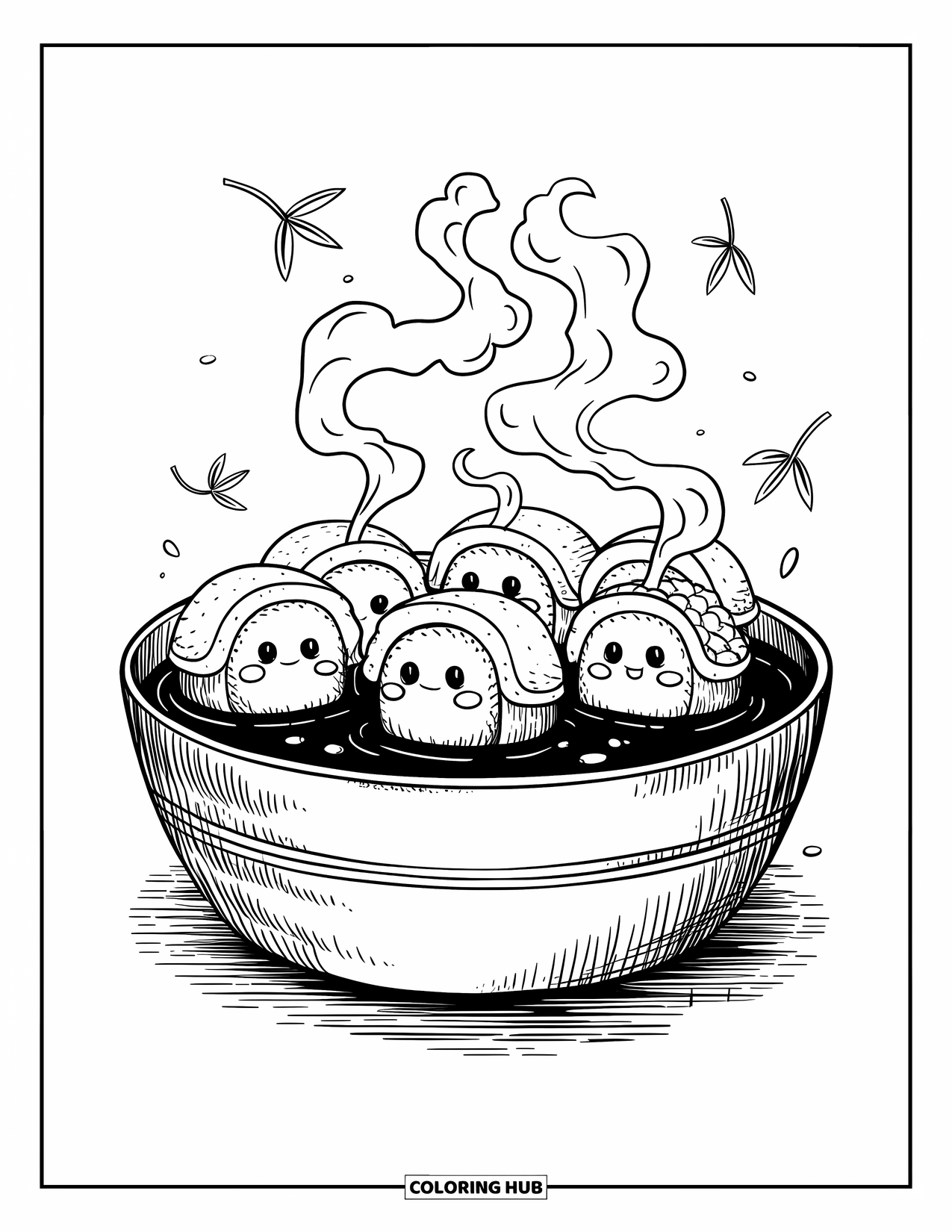 Sushi Kleurplaat voor Volwassenen: Sushirollen die in een sojasausbad weken en genieten van een vredig warmwaterbronmoment