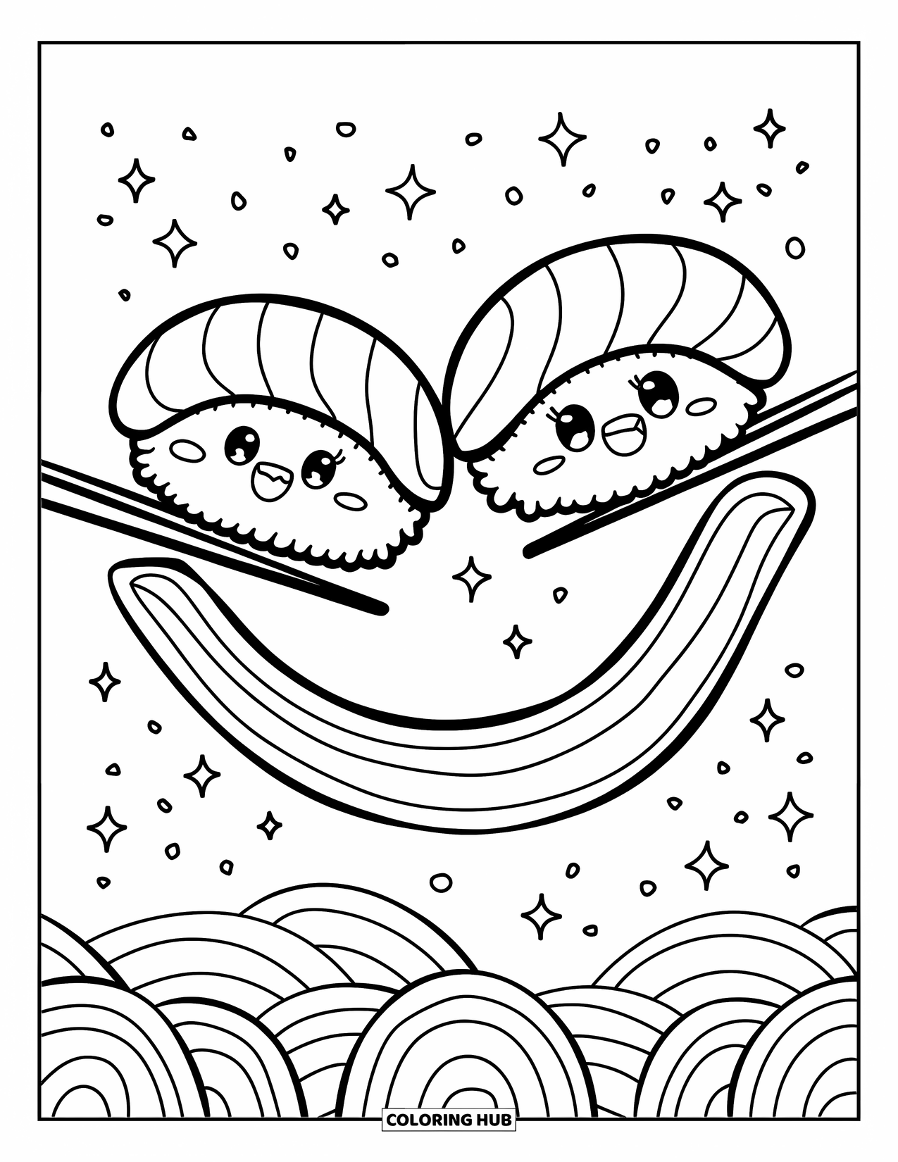 Sushi Kleurplaat voor Volwassenen: Twee sushirollen die elkaars handen vasthouden terwijl ze in een grillige scène van een regenboogvormig eetstokje afglijden