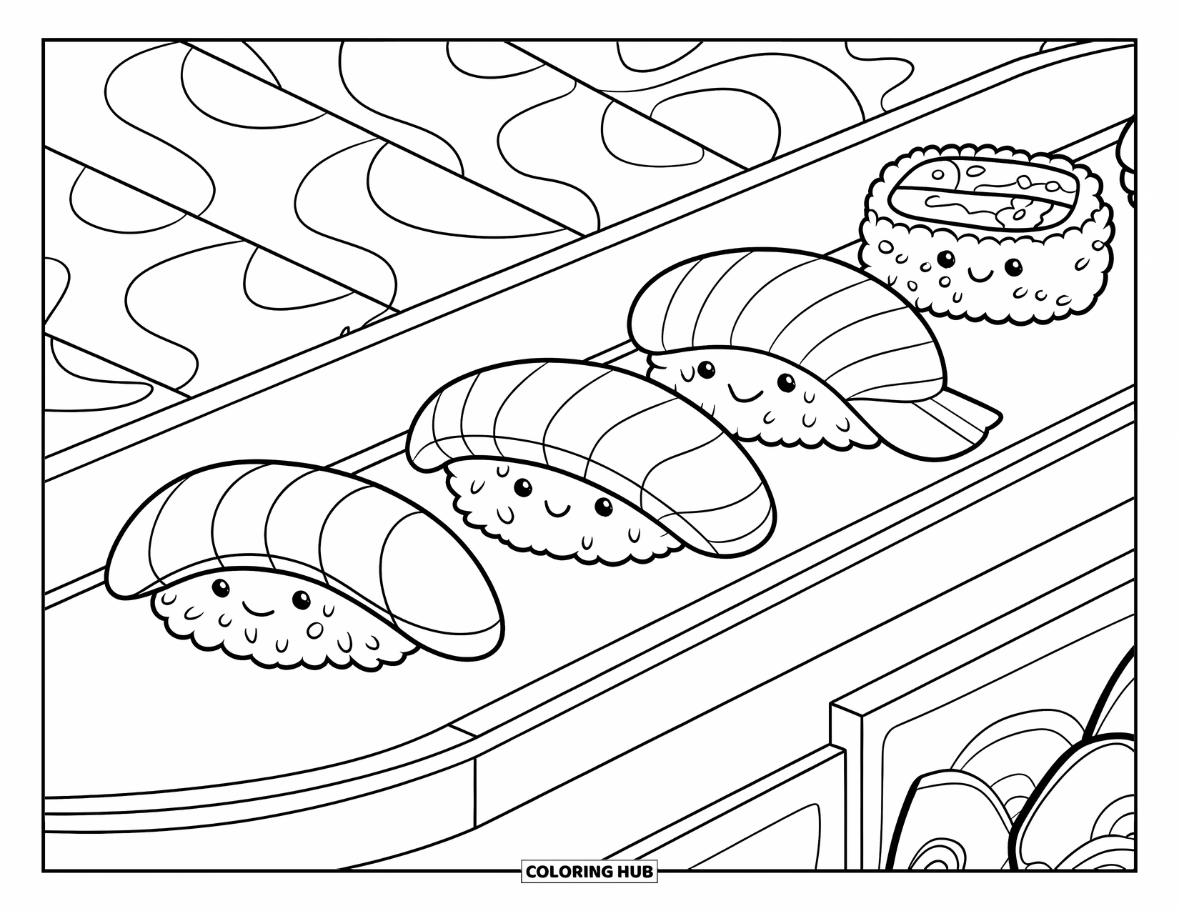 Sushi Kleurplaat voor Kinderen: Een cartoon sushi-lopende band met verschillende sushistukjes die in een speelse omgeving meegaan
