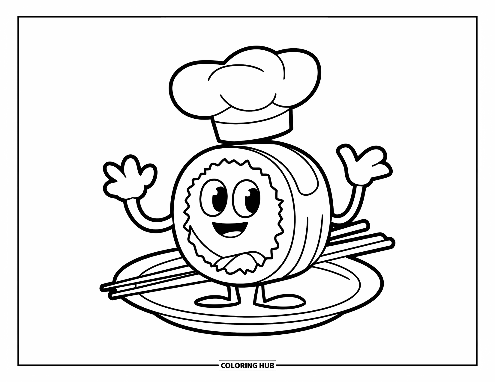 Sushi Kleurplaat voor Kinderen: Een cartoon sushirol met armen en benen, met een koksmuts op, staand op een bord