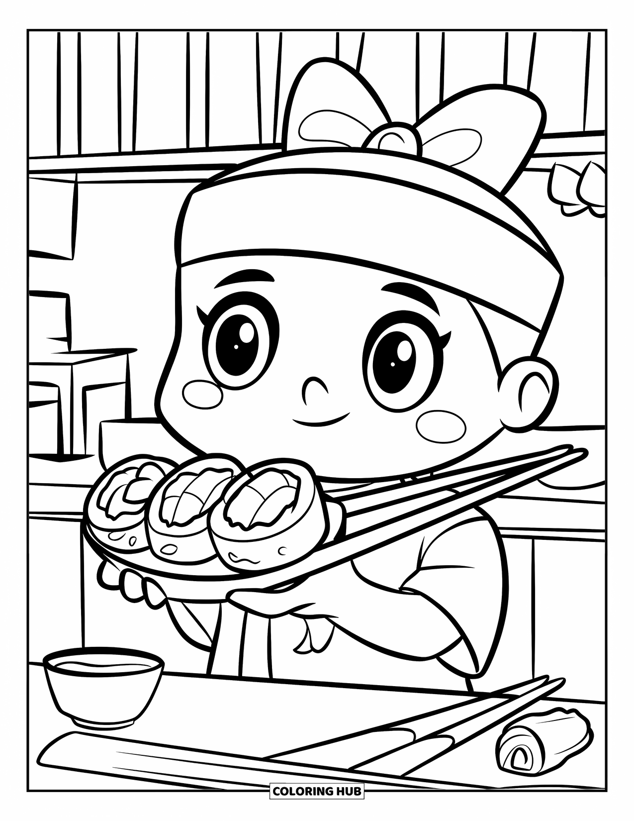 Sushi Kleurplaat voor Kinderen: Een vrolijke sushichef in een traditionele outfit, die een maki-rol vasthoudt voor een sushibalie