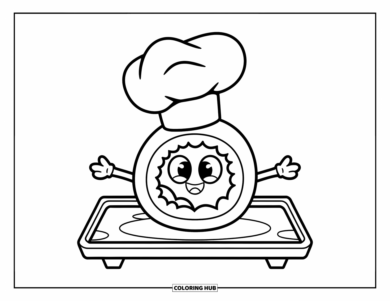 Sushi Kleurplaat voor Kinderen: Een vrolijke sushirol-chef die op een dienblad zit, met een blanco achtergrond voor eenvoudig kleuren