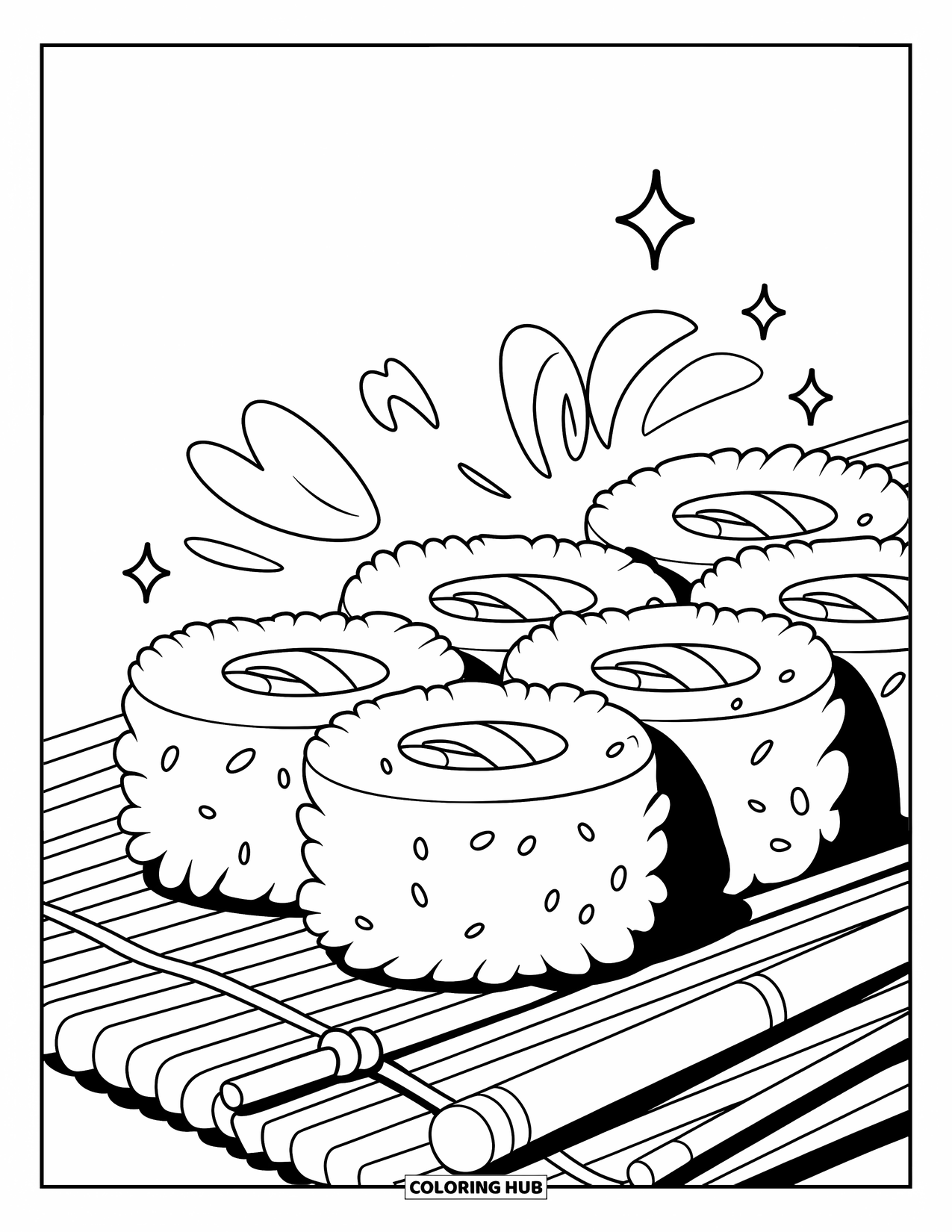 Sushi Kleurplaat voor Kinderen: Een close-up sushirol-compositie met golven en fonkelingen in doodle-stijl, ontworpen met gedurfde contouren