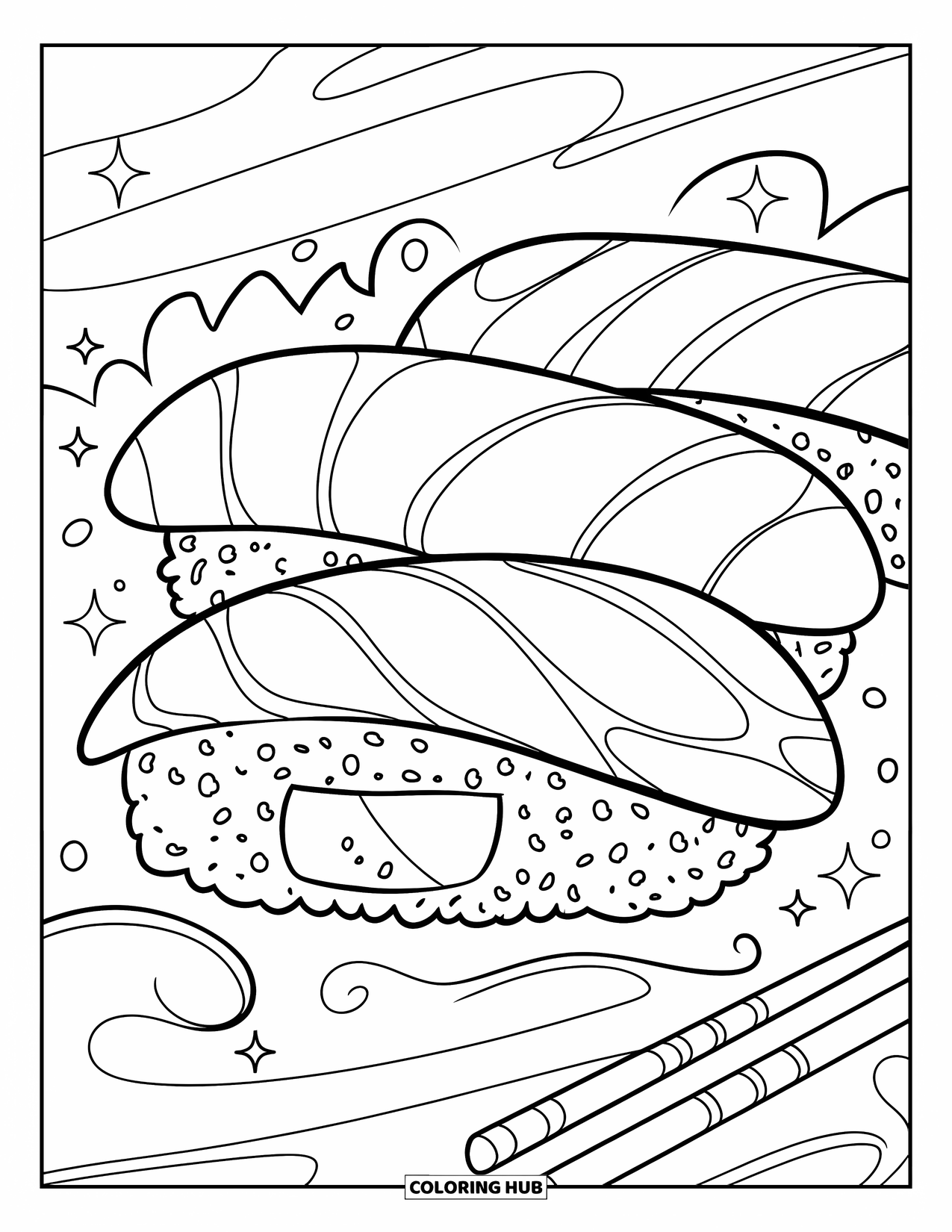 Sushi Kleurplaat voor Kinderen: Een close-up van sushirollen, omringd door artistieke doodle-elementen zoals golven en fonkelingen