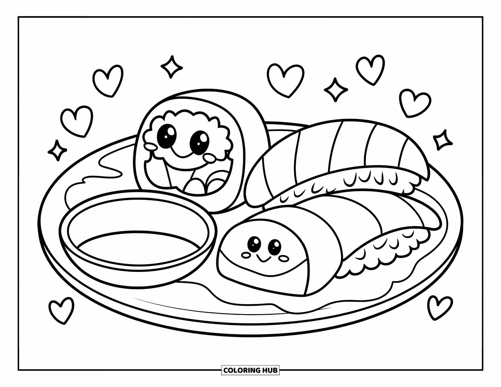 Sushi Kleurplaat voor Kinderen: Een schattig sushibord met een vrolijk gezicht, met een maki-rol, nigiri en sojasausschotel