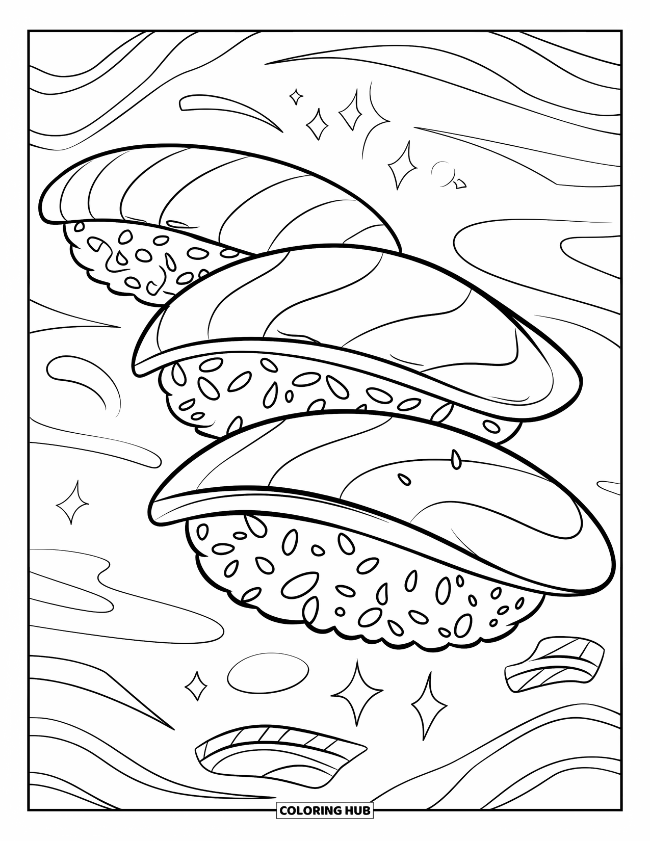 Sushi Kleurplaat voor Kinderen: Een gedetailleerde sushirol-illustratie met artistieke doodles en een bamboemat, perfect om in te kleuren